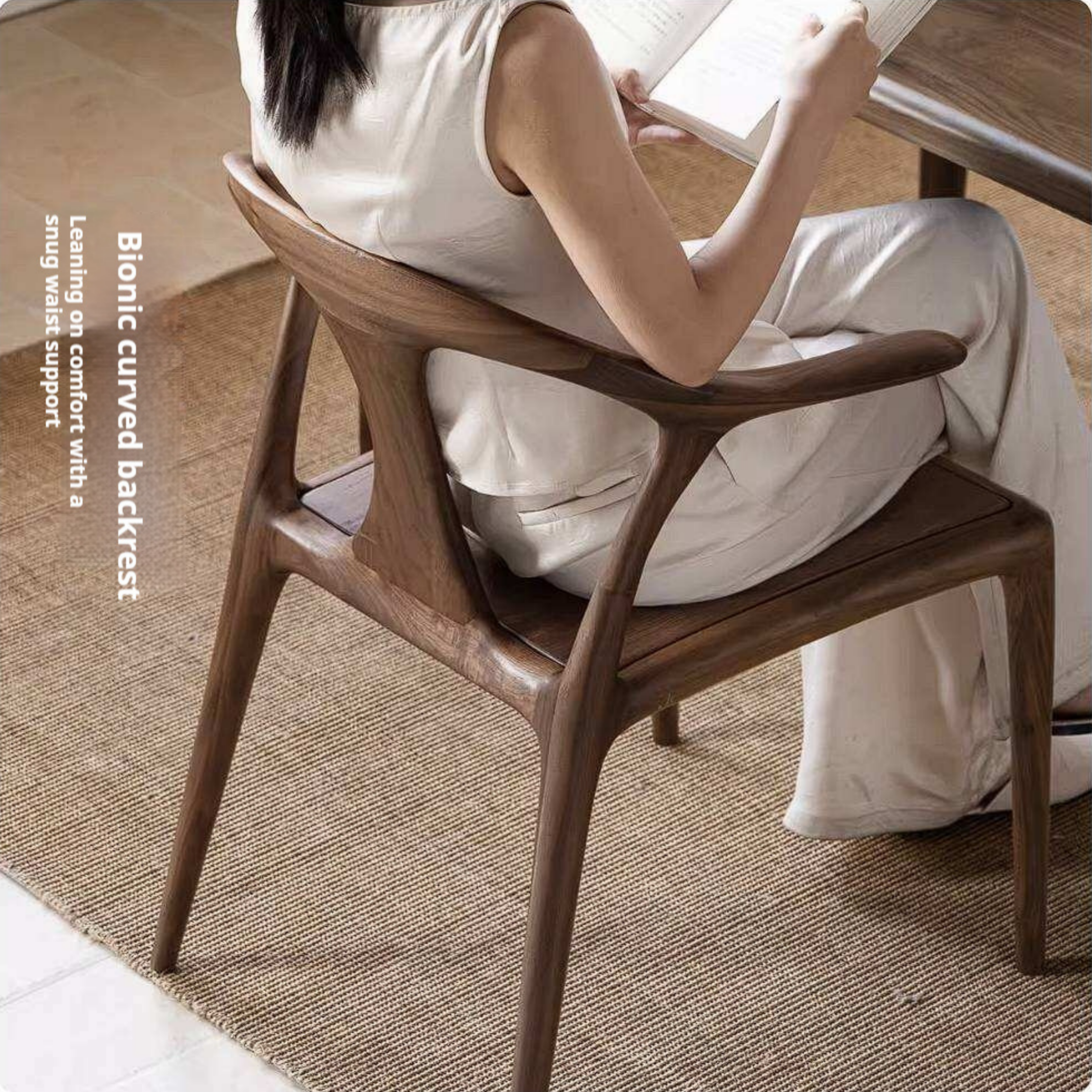Black Walnut Solid Wood Ox Horn Dining Chair with Carved Curved Armrests