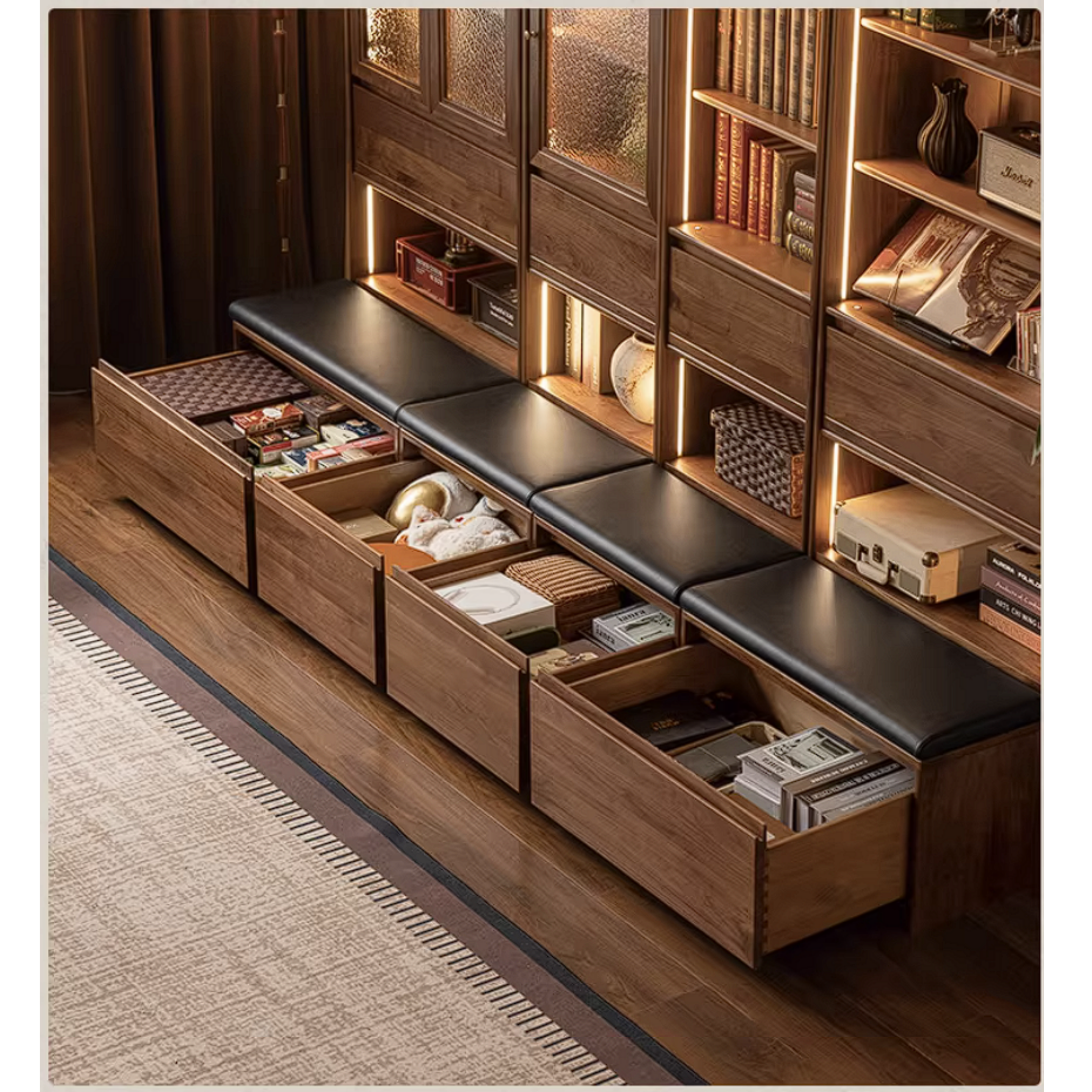 Black Walnut Solid Wood Bookcase with Booth Seating and Display Cabinet