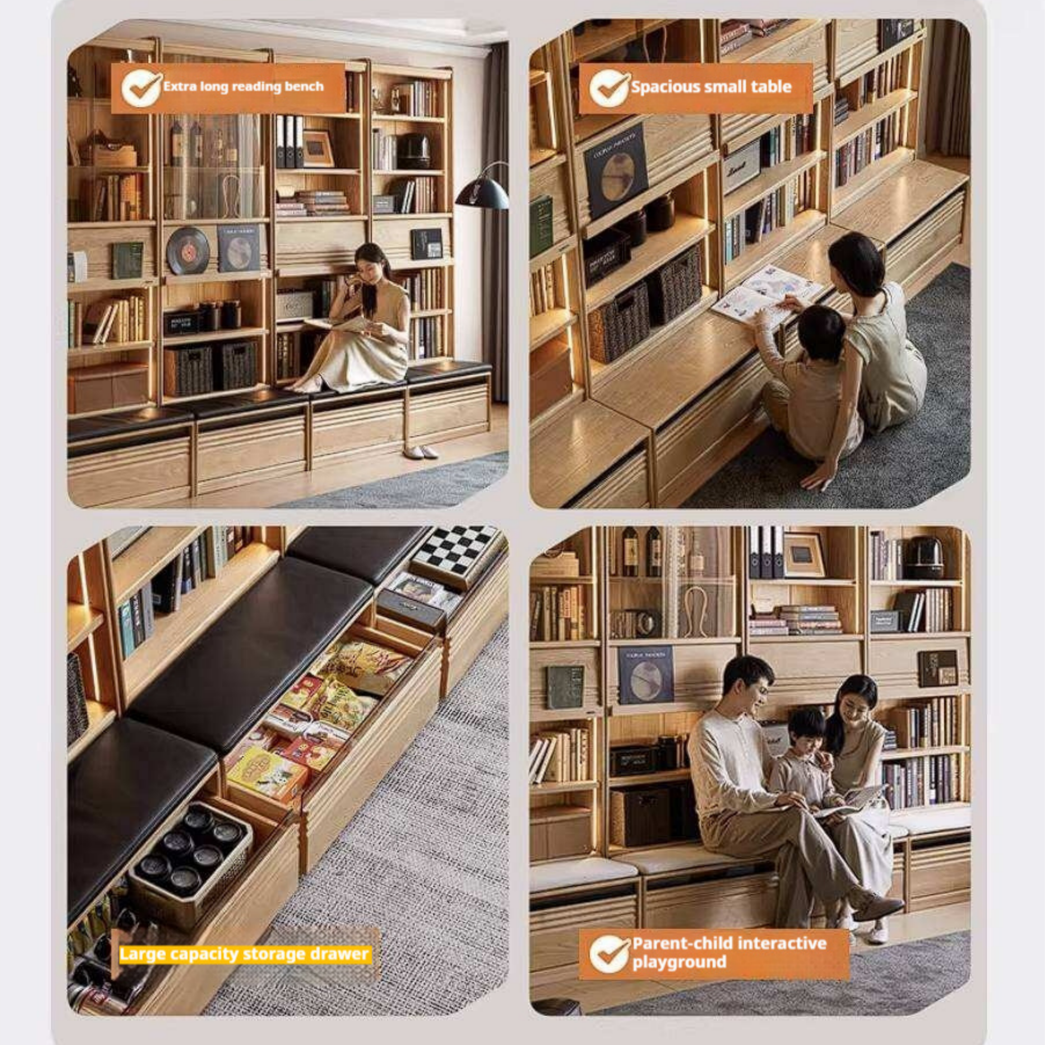 Ash Solid Wood Bookshelf with Wall Mounted Display Cabinet Design