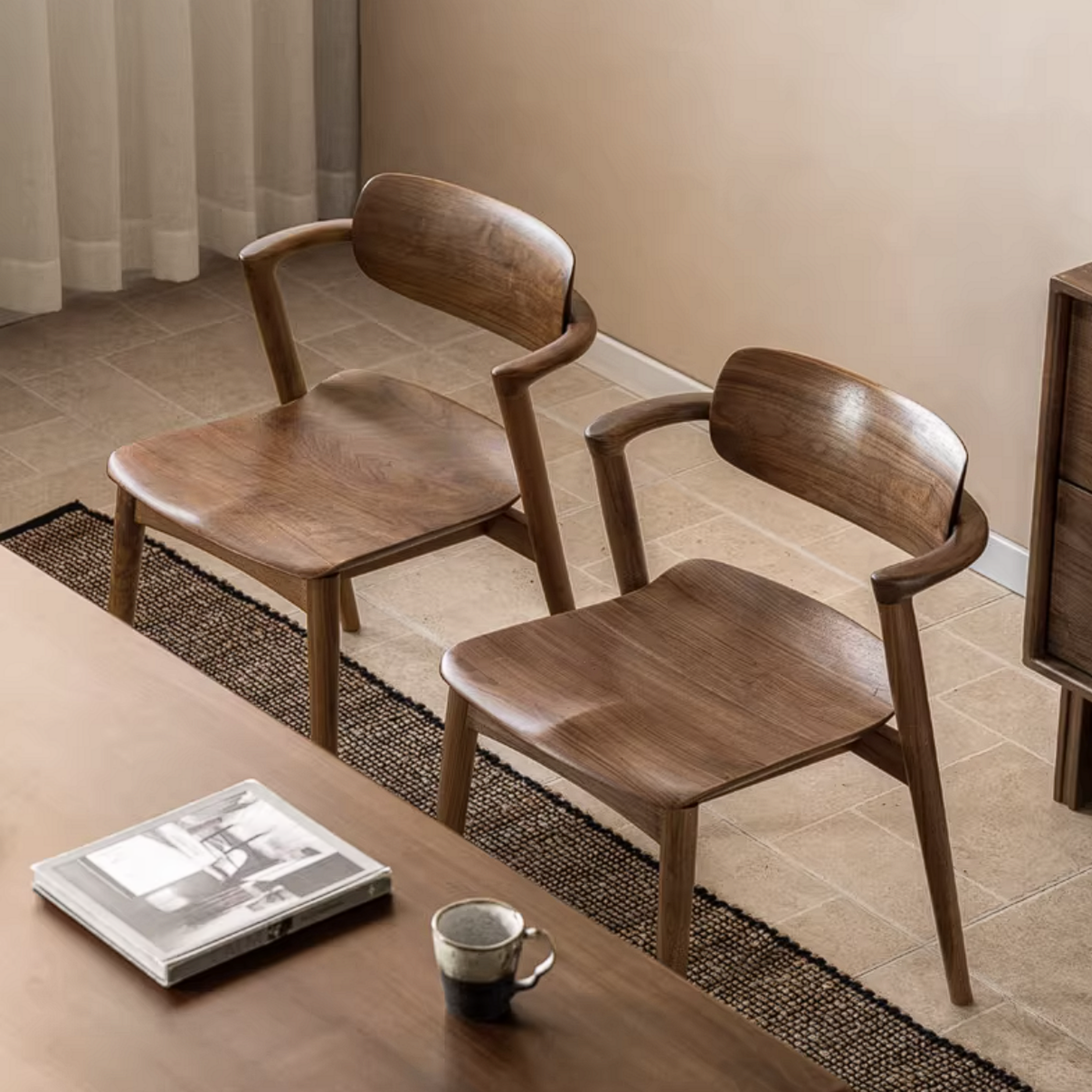 Black Walnut Solid Wood Bentwood Dining Chair with Curved Back and Saddle Seat