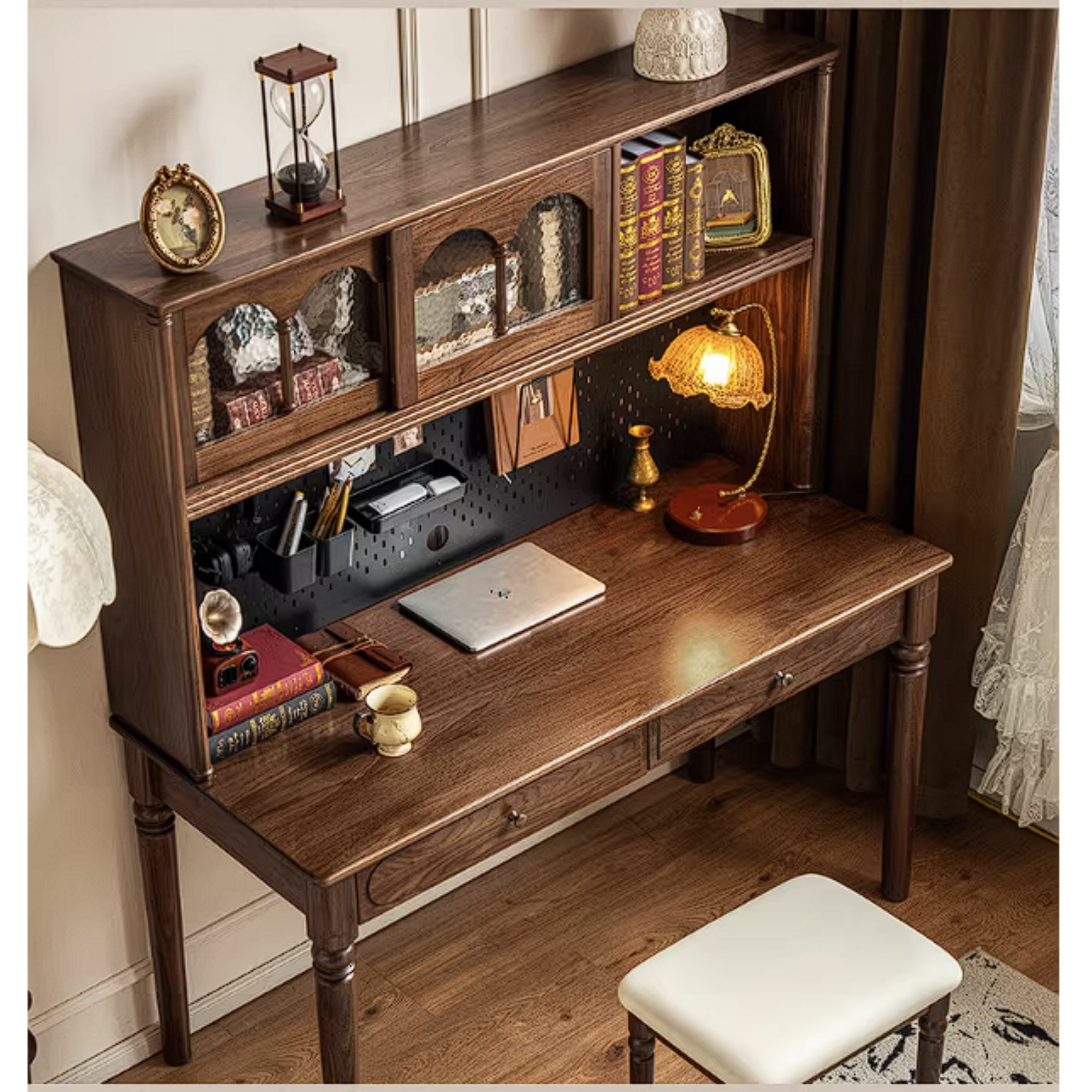 Black Walnut Solid Wood French Vintage Writing Desk with Arched Cane Door Hutch and Turned Spindle Legs