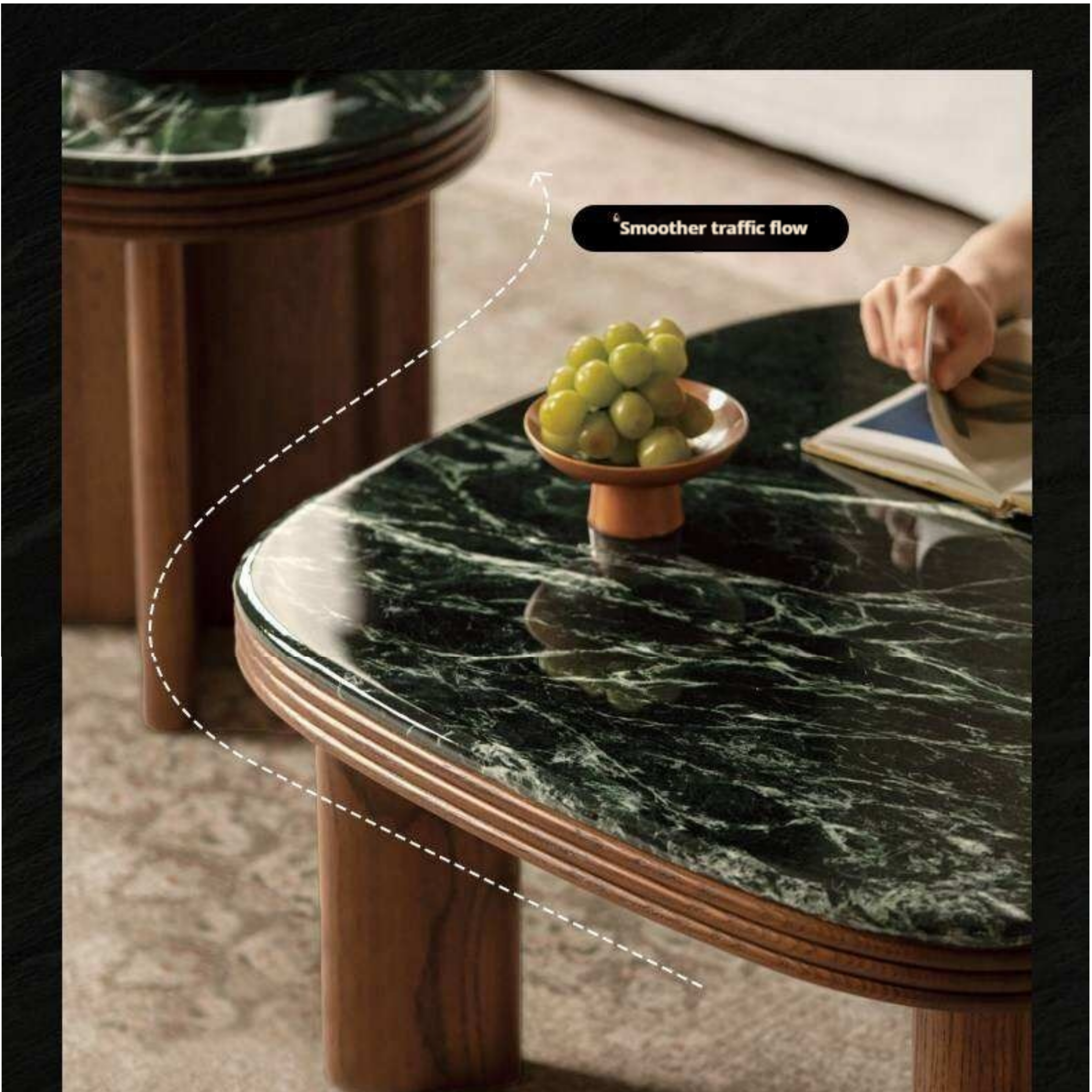 Oak Solid Wood Coffee Table with Green Marble Surface