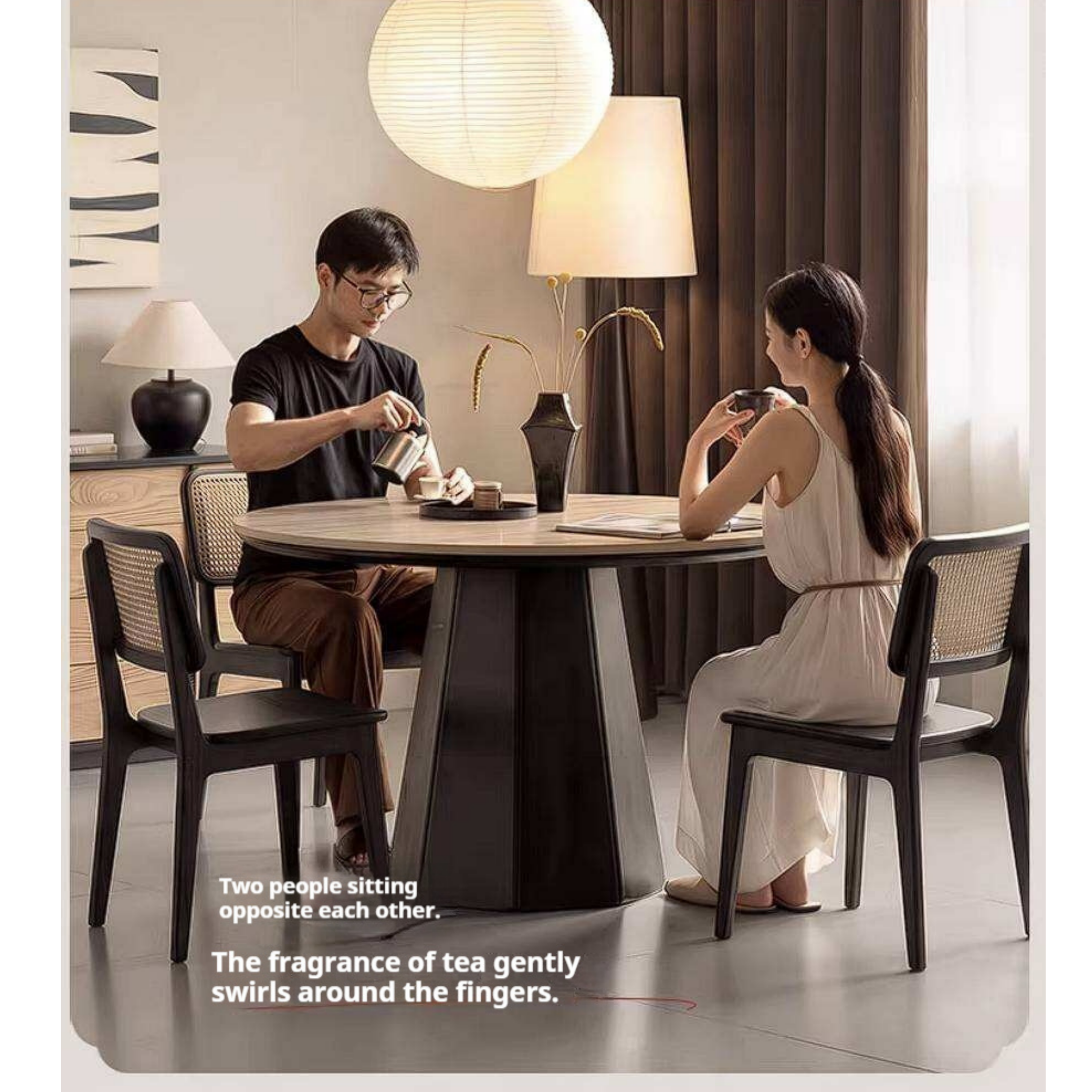 Ash Solid Wood Dining Table with Slate Top, Mid Century Round Design