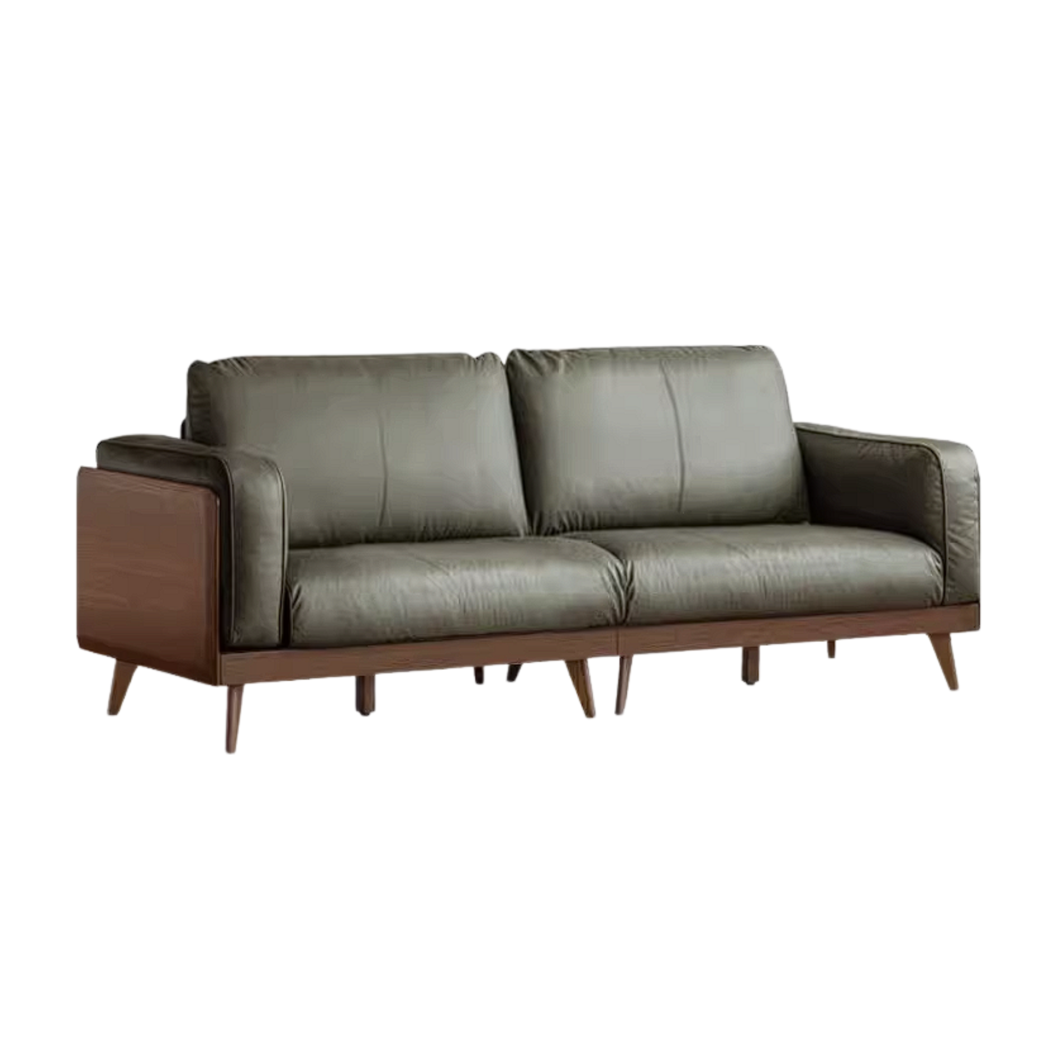 Rubberwood Solid Wood Genuine leather Sofa with Deep Seats and Slim Walnut Frame