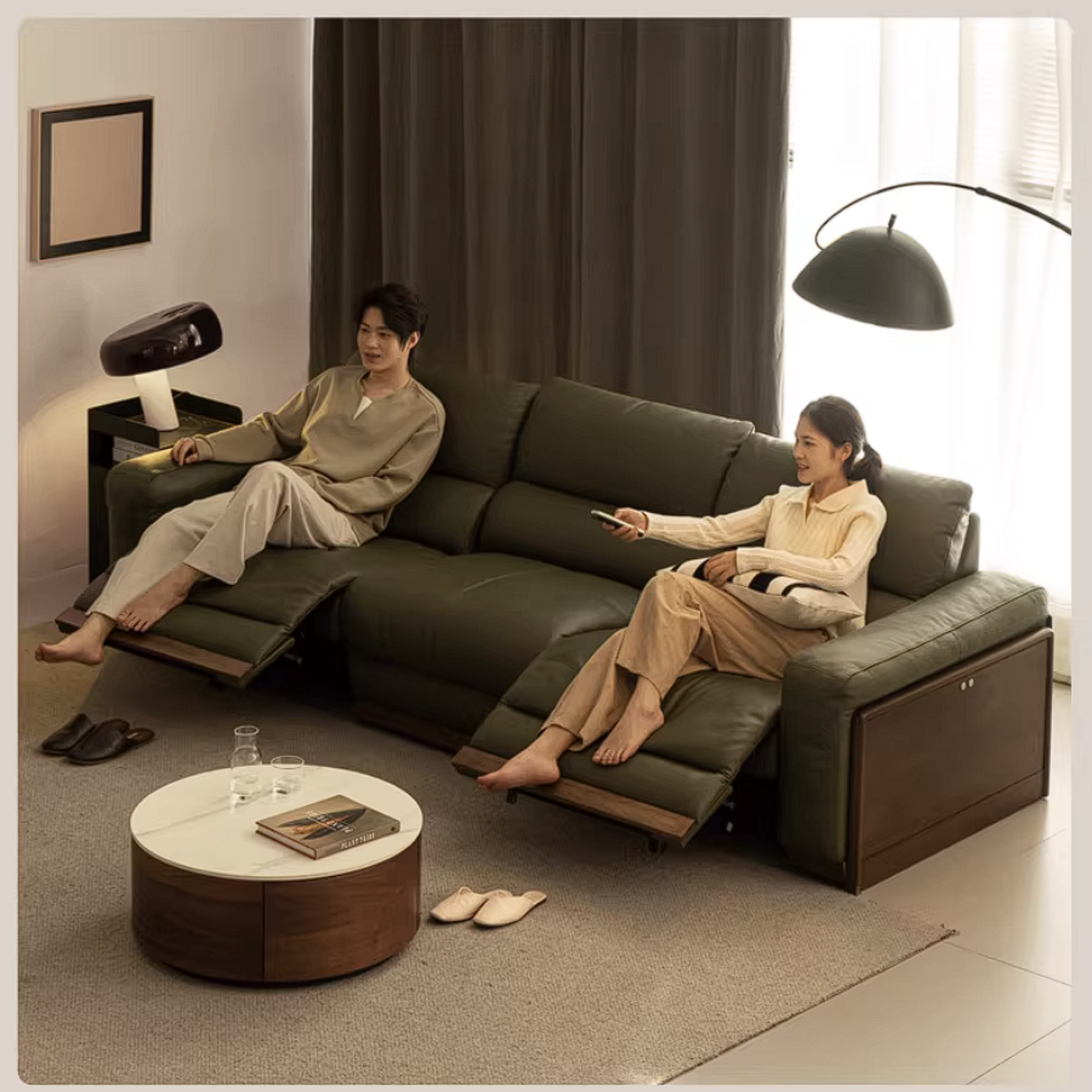 Black Walnut Solid Wood Genuine Leather Reclining Sofa with Zero Wall Clearance