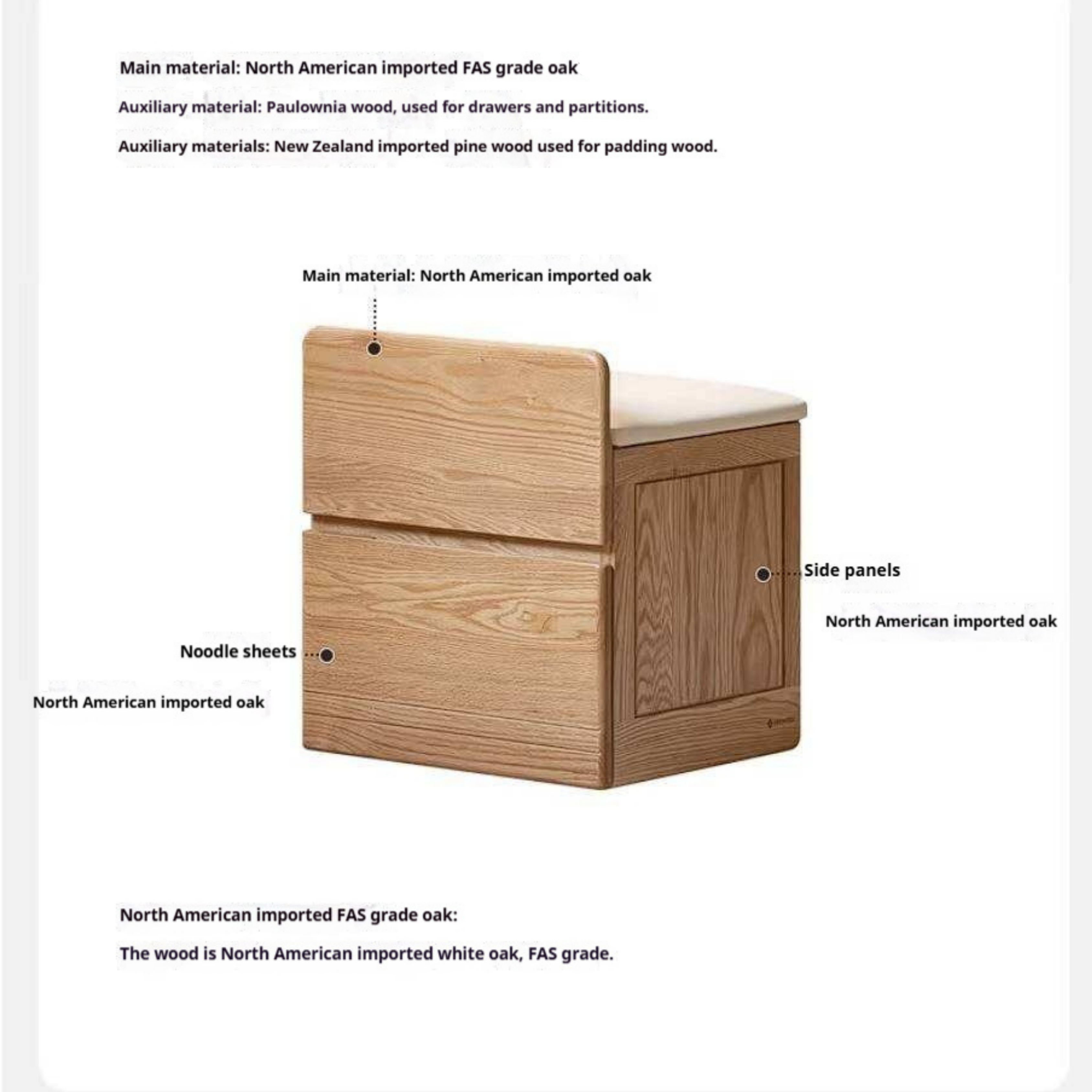 Oak, Ash, Black Walnut, Cherry Solid Wood Storage Vanity Stool with Upholstered Flip-Top Seat and Drawer