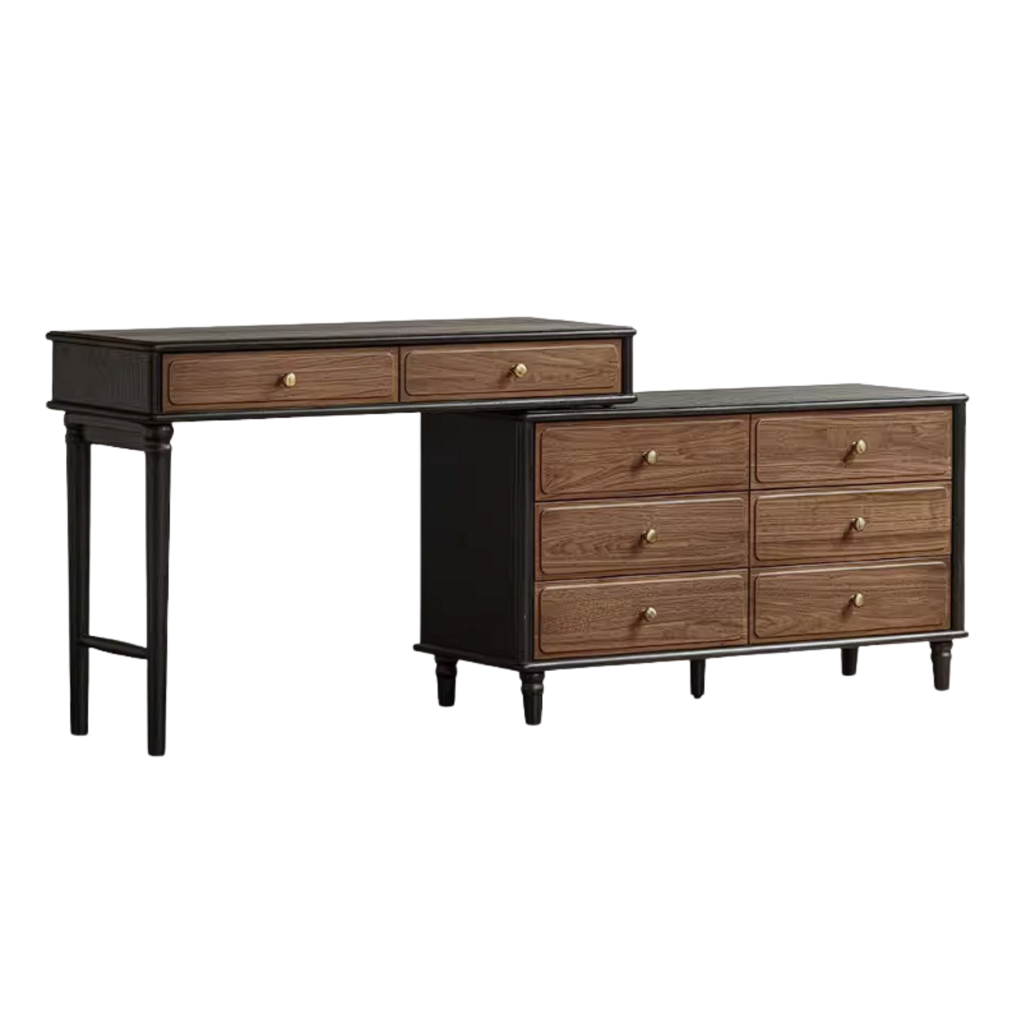 Black Walnut, Oak Solid Wood Extendable Vanity Desk and 6-Drawer Dresser Combo
