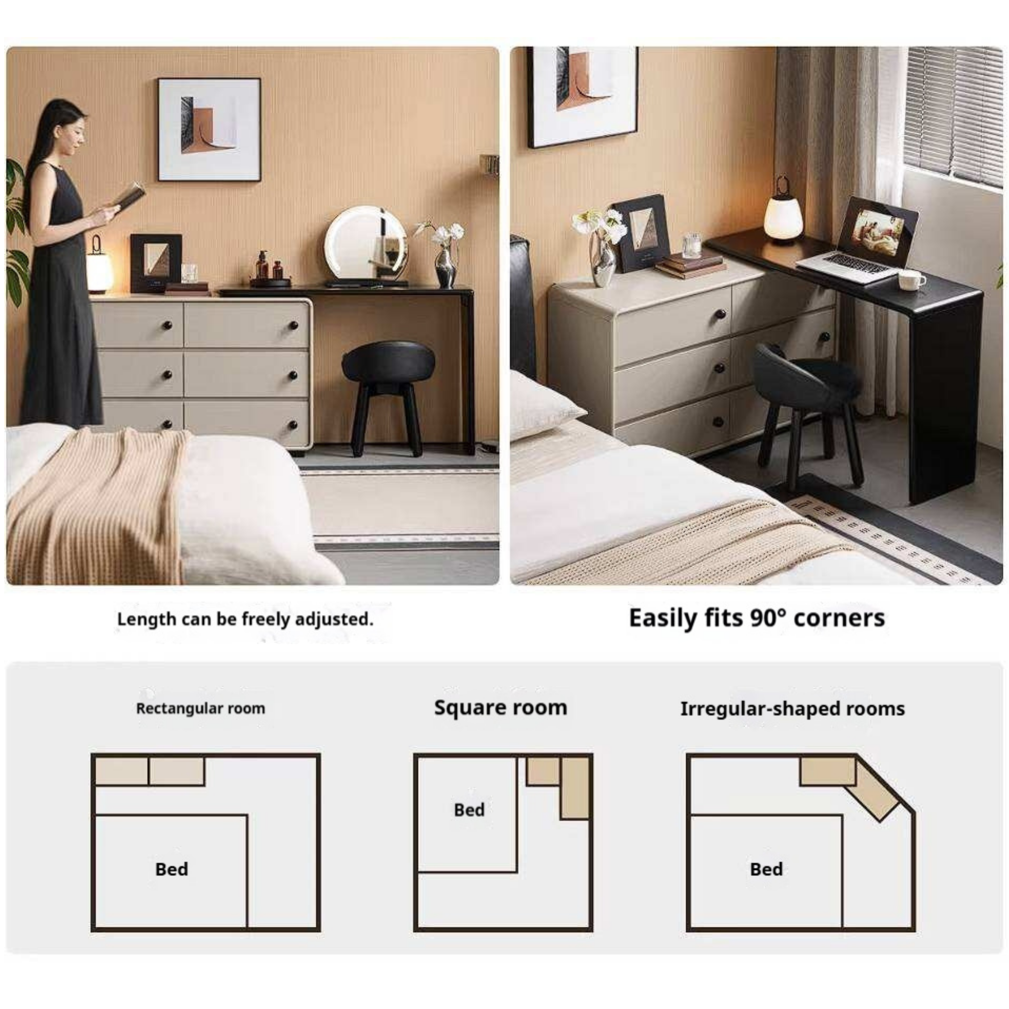 Rubberwood Solid Wood Rotating Extendable Vanity Table with