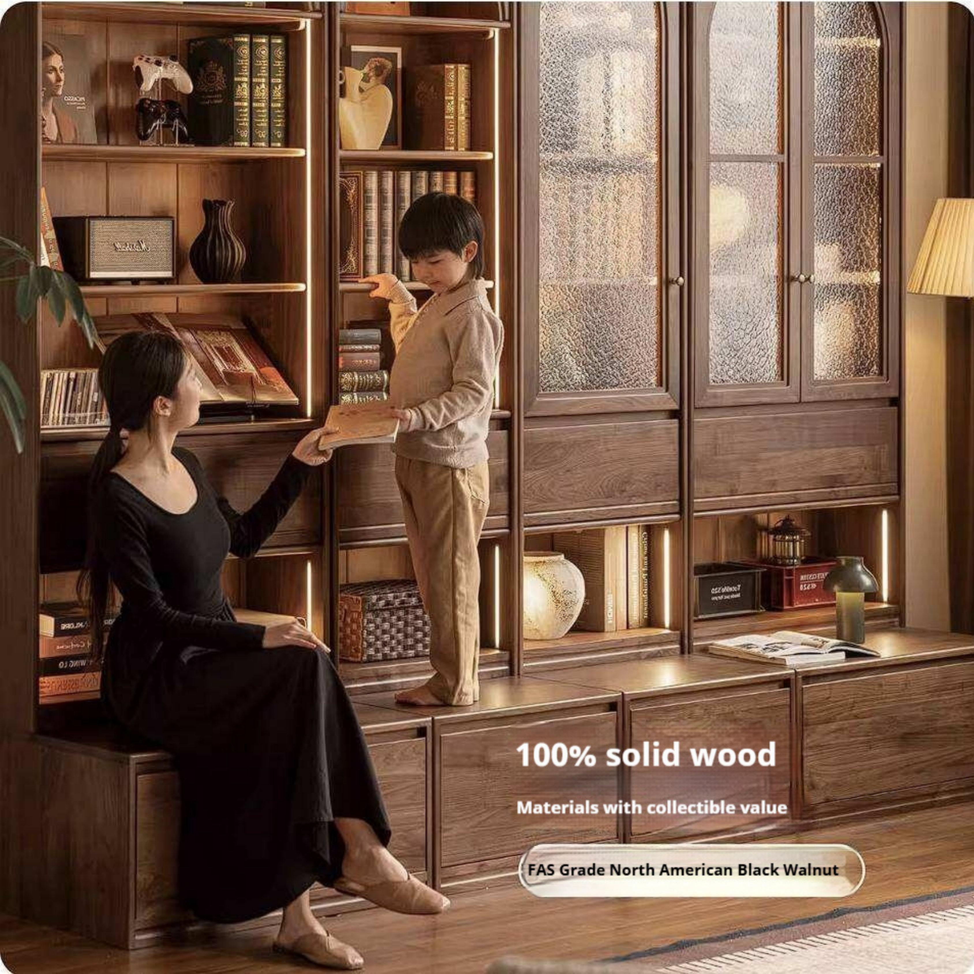 Black Walnut Solid Wood Bookcase with Booth Seating and Display Cabinet