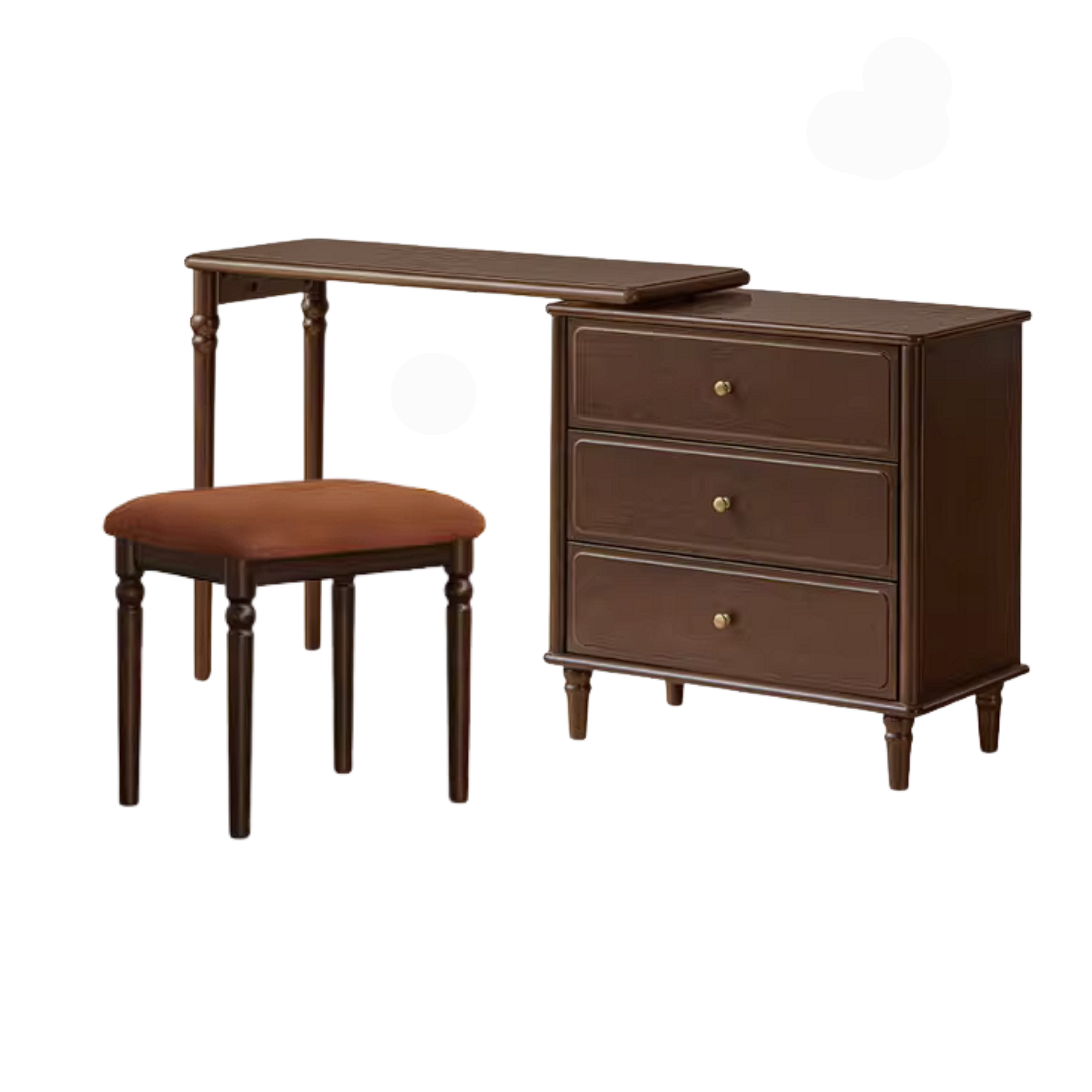 Poplar Solid Wood Vintage Extendable Vanity Desk with Round Mirror and Turned Legs
