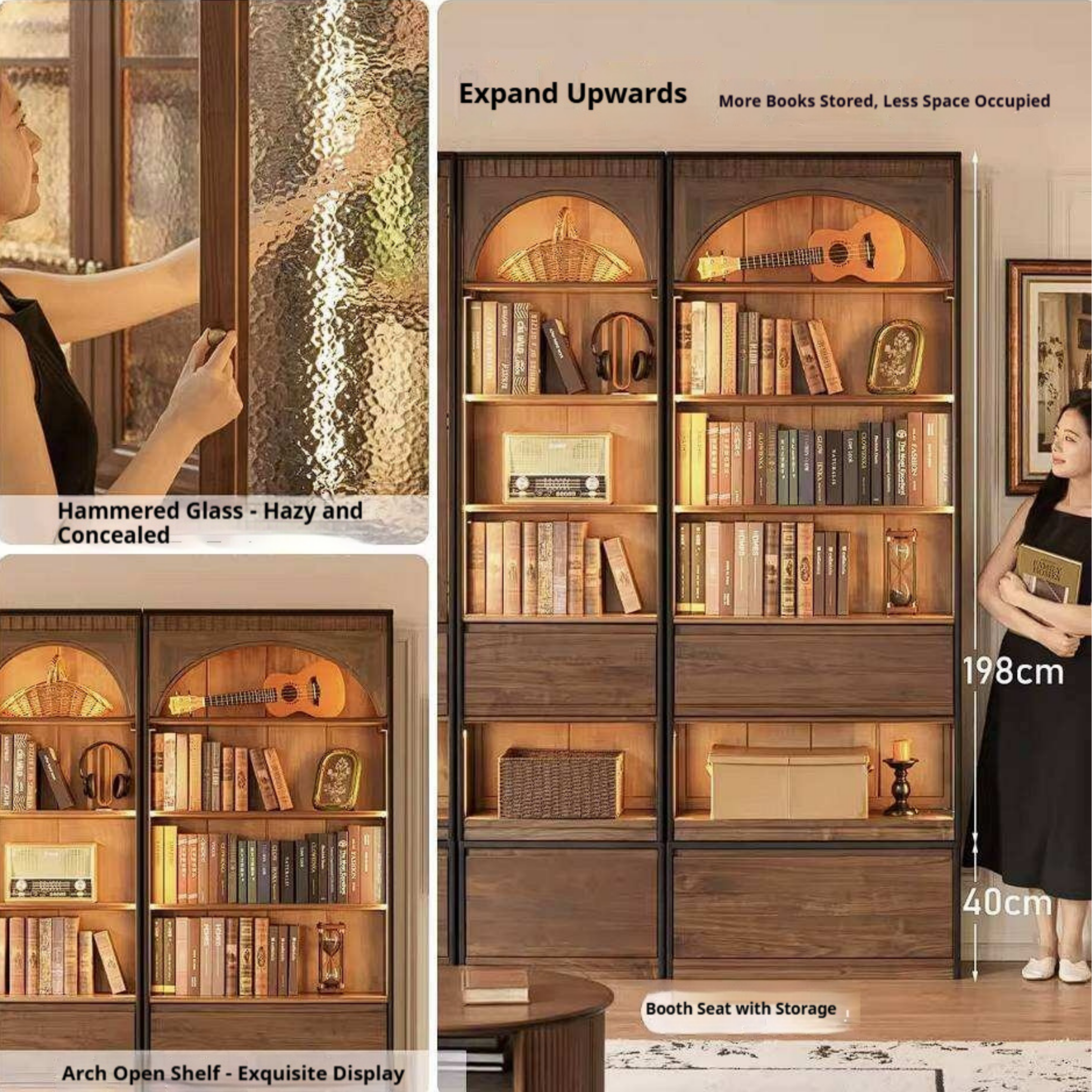 Black Walnut Solid Wood Bookcase with French Retro Display Cabinet
