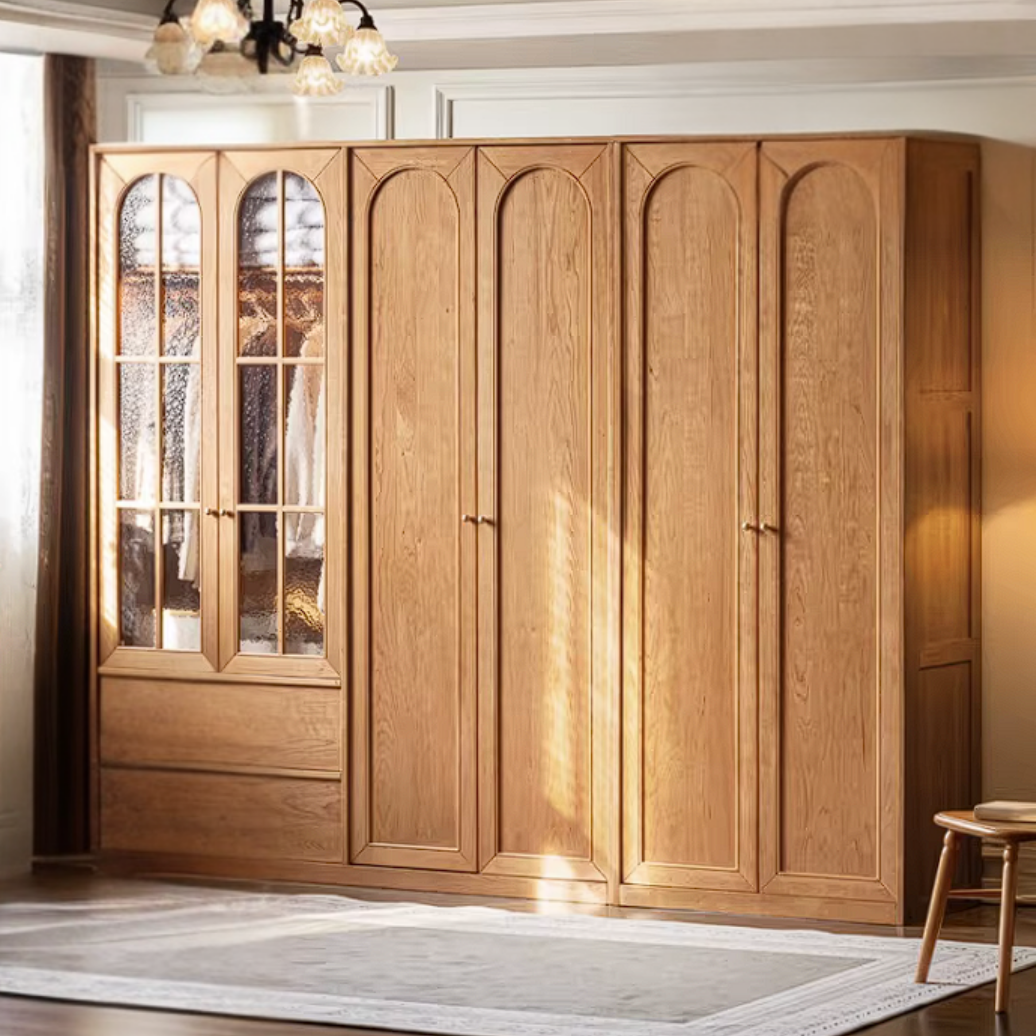 Cherry Solid Wood Wardrobe with French Retro Style Double Door Design
