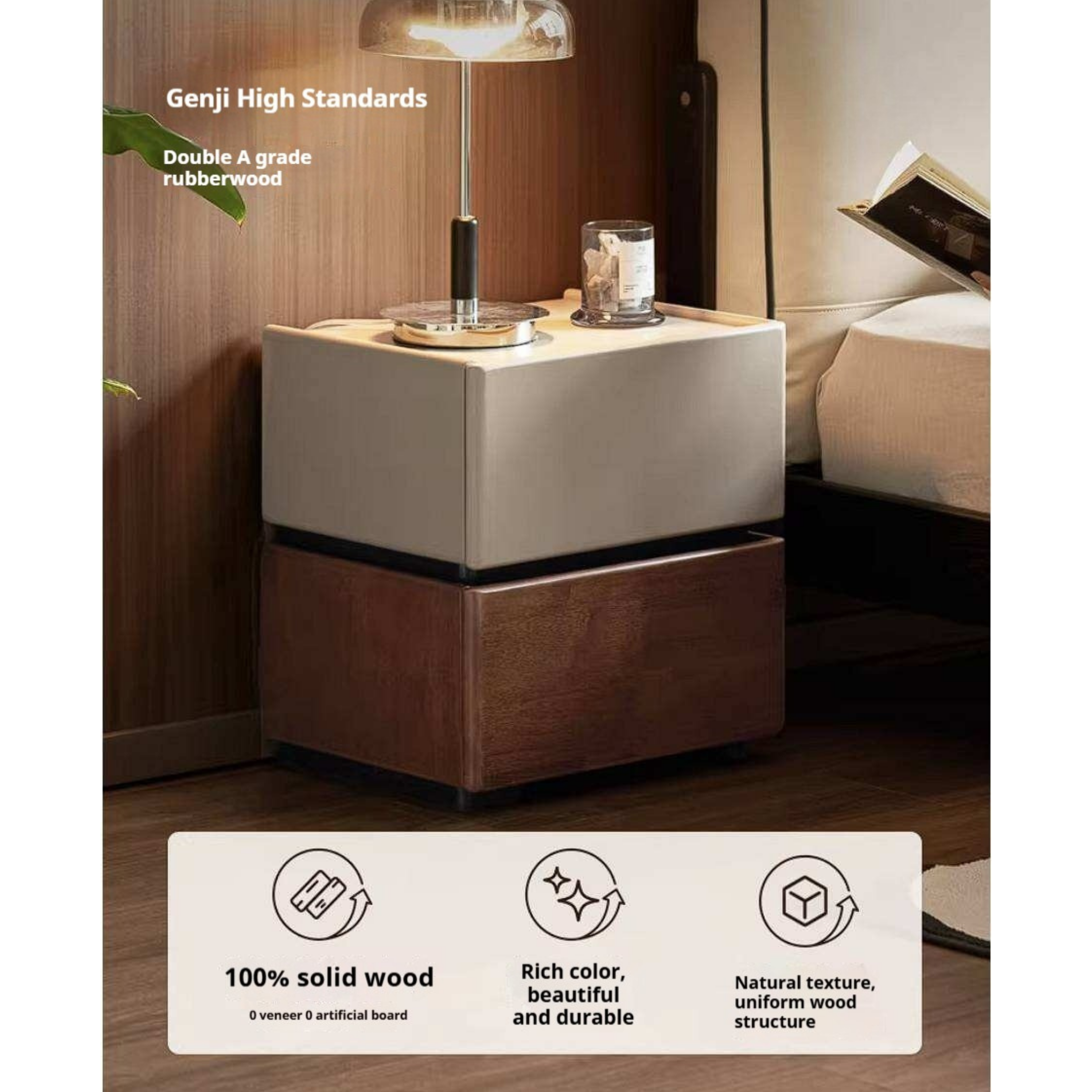 Rubberwood Solid Wood Bedside Cabinet with Modern Simple Storage