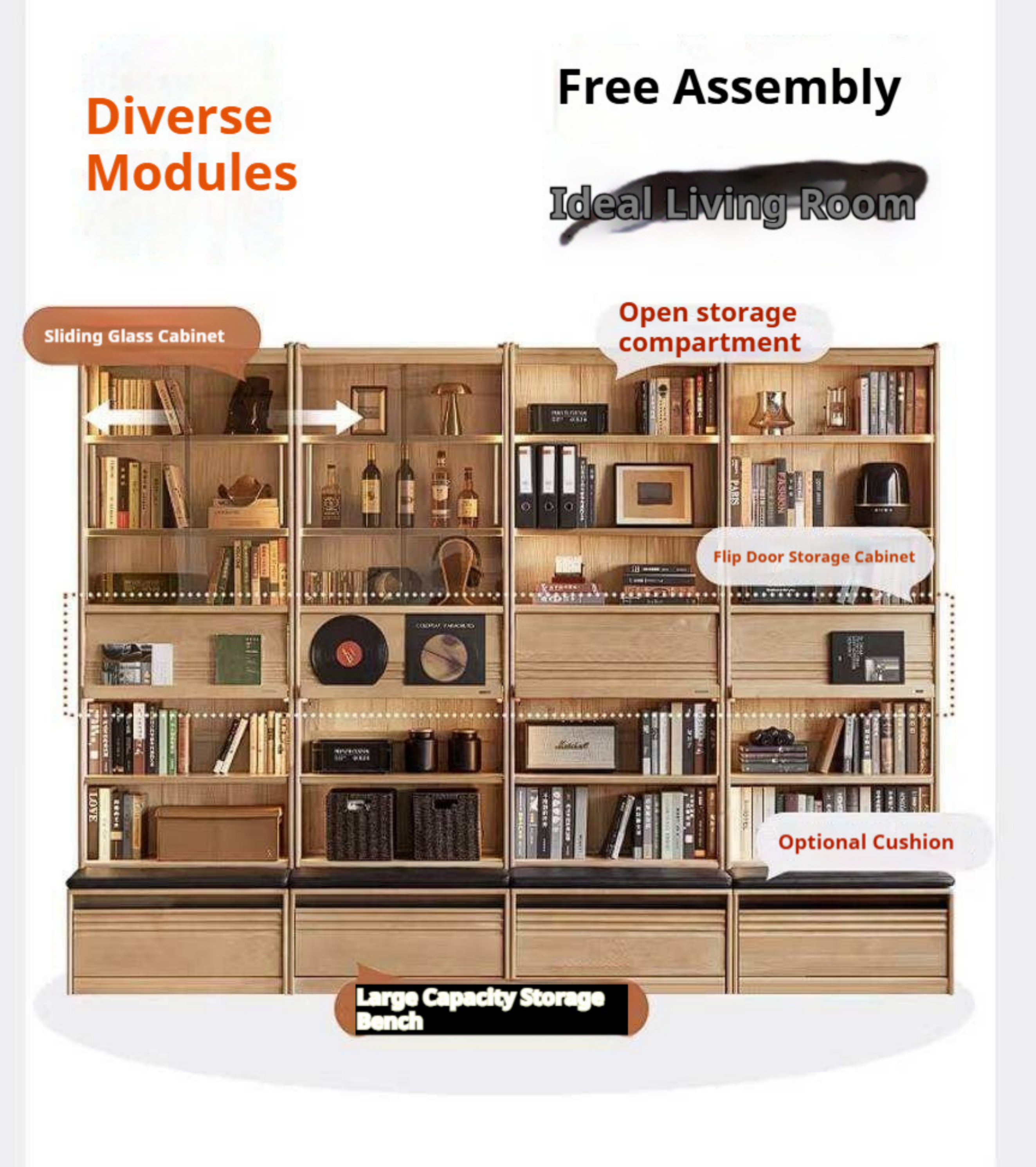 Ash Solid Wood Bookshelf with Wall Mounted Display Cabinet Design