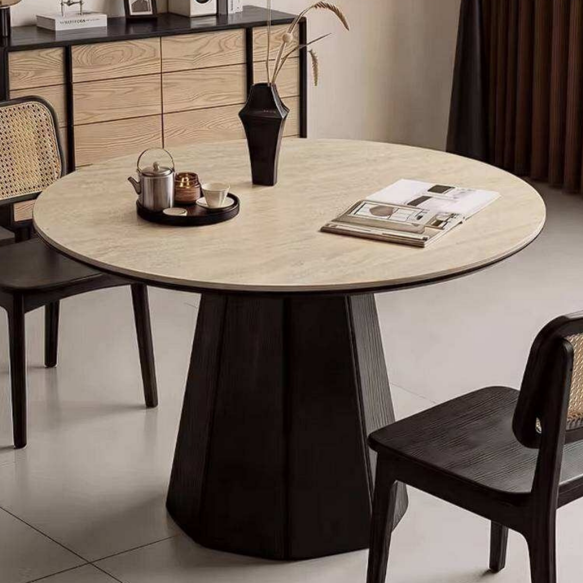 Ash Solid Wood Dining Table with Slate Top, Mid Century Round Design