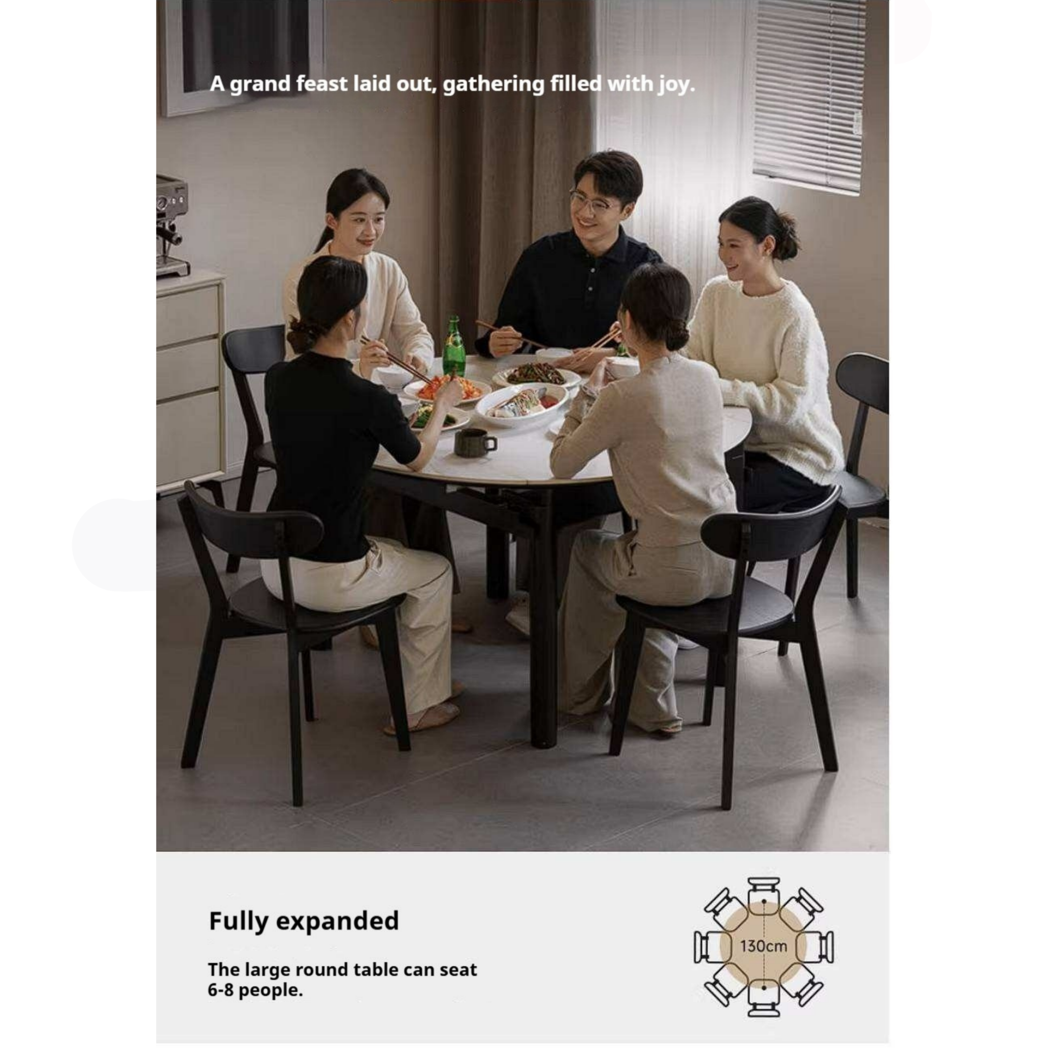 Rubberwood Solid Wood Extendable Round Dining Table with Stone Top