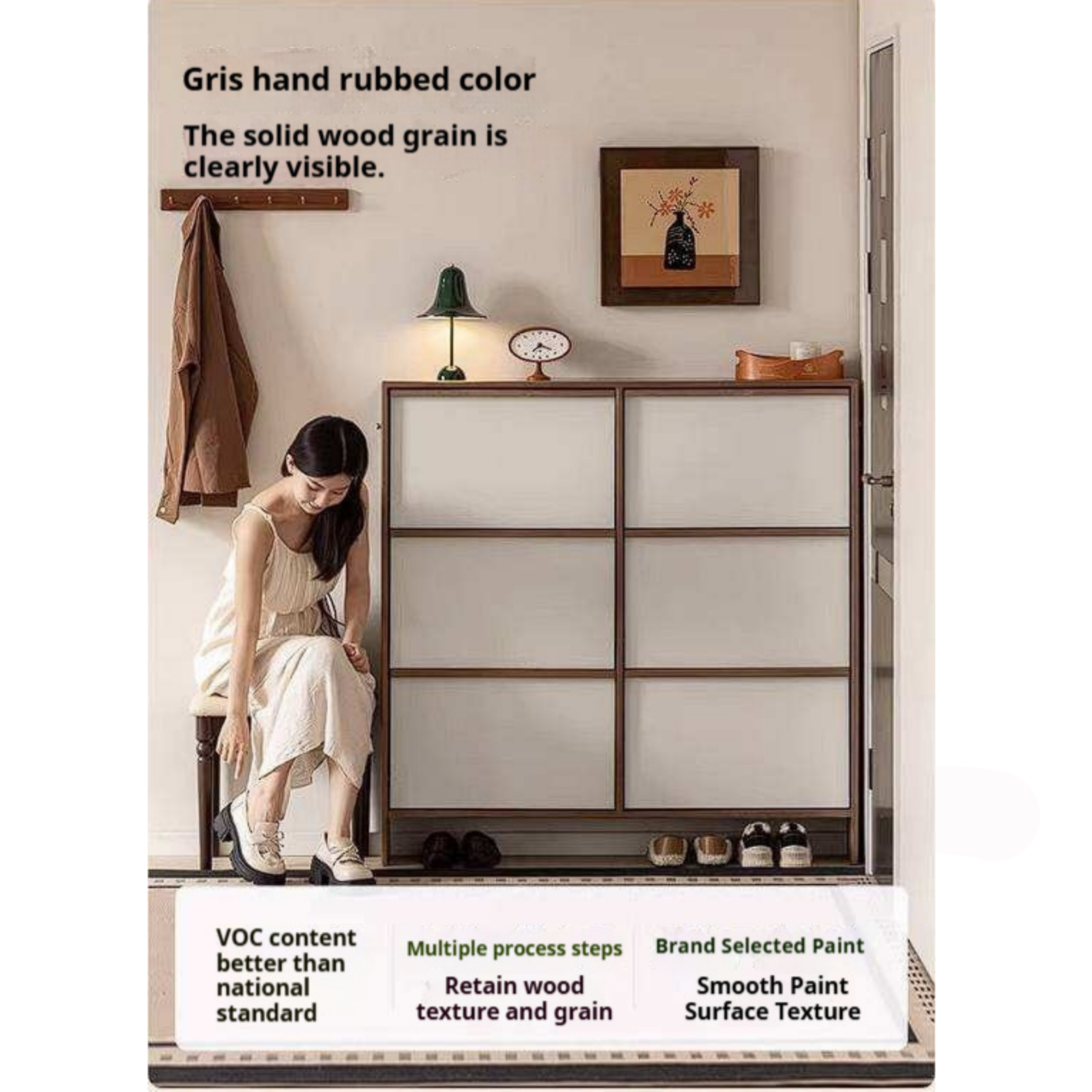 Rubberwood Solid Wood Flip Door Shoe Cabinet, Mid Century Slim Wall Mounted Entryway Storage Organizer