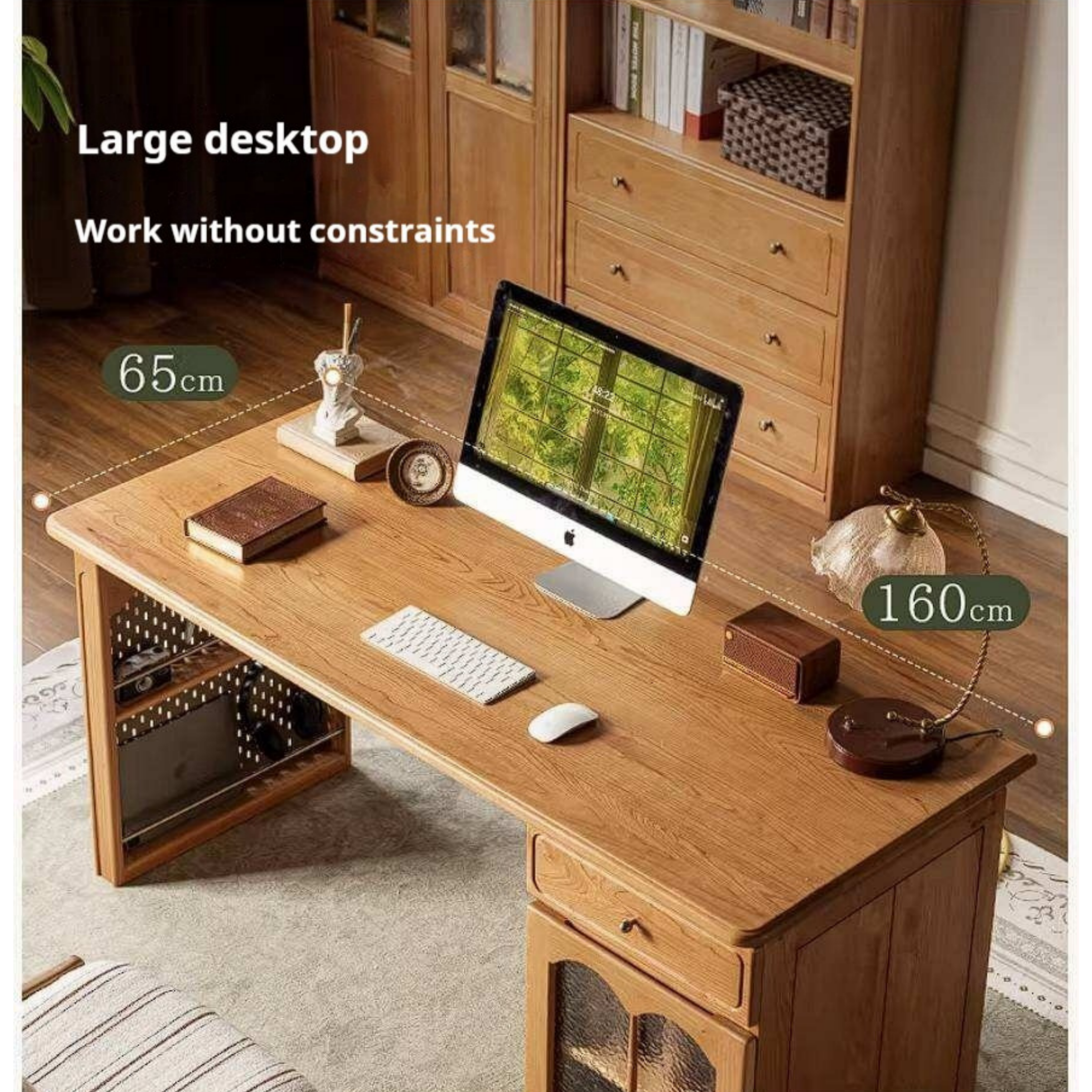 Cherry Solid Wood French Country Writing Desk with Bookshelf Hutch and Cane Door Cabinet