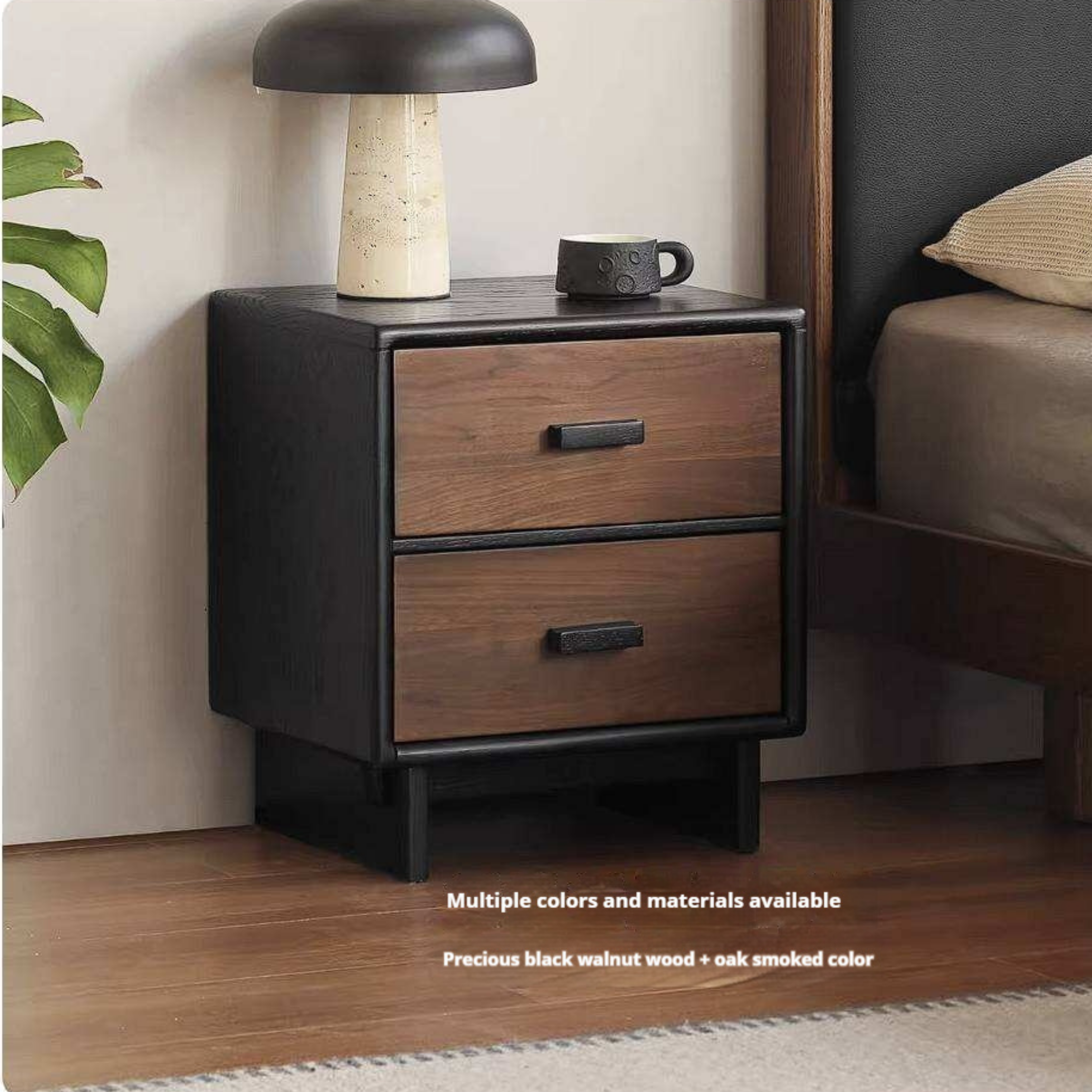 Rubberwood Solid Wood Two-Tone Nightstand with Cream Drawer Fronts and Tapered Legs