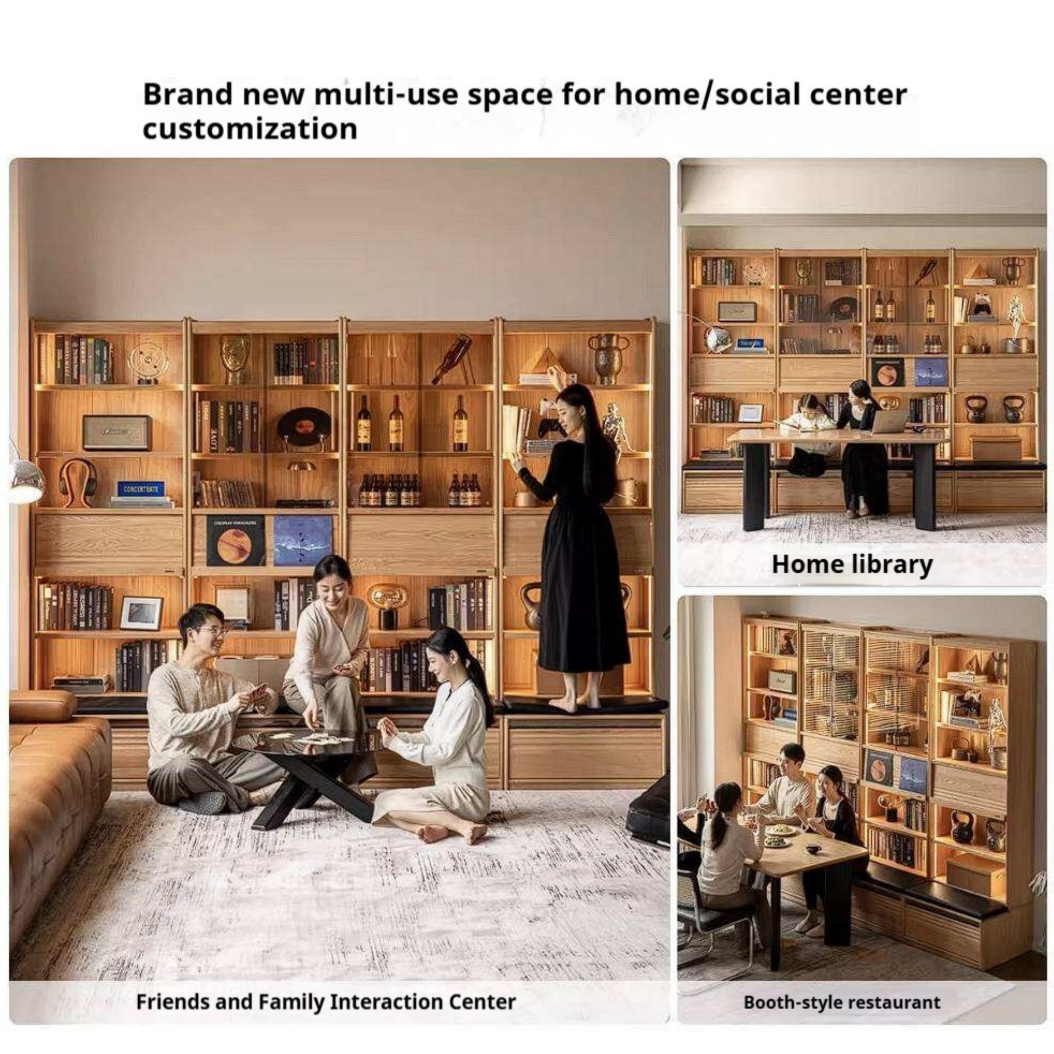 Oak Solid Wood Bookshelf with Integrated Booth Seating