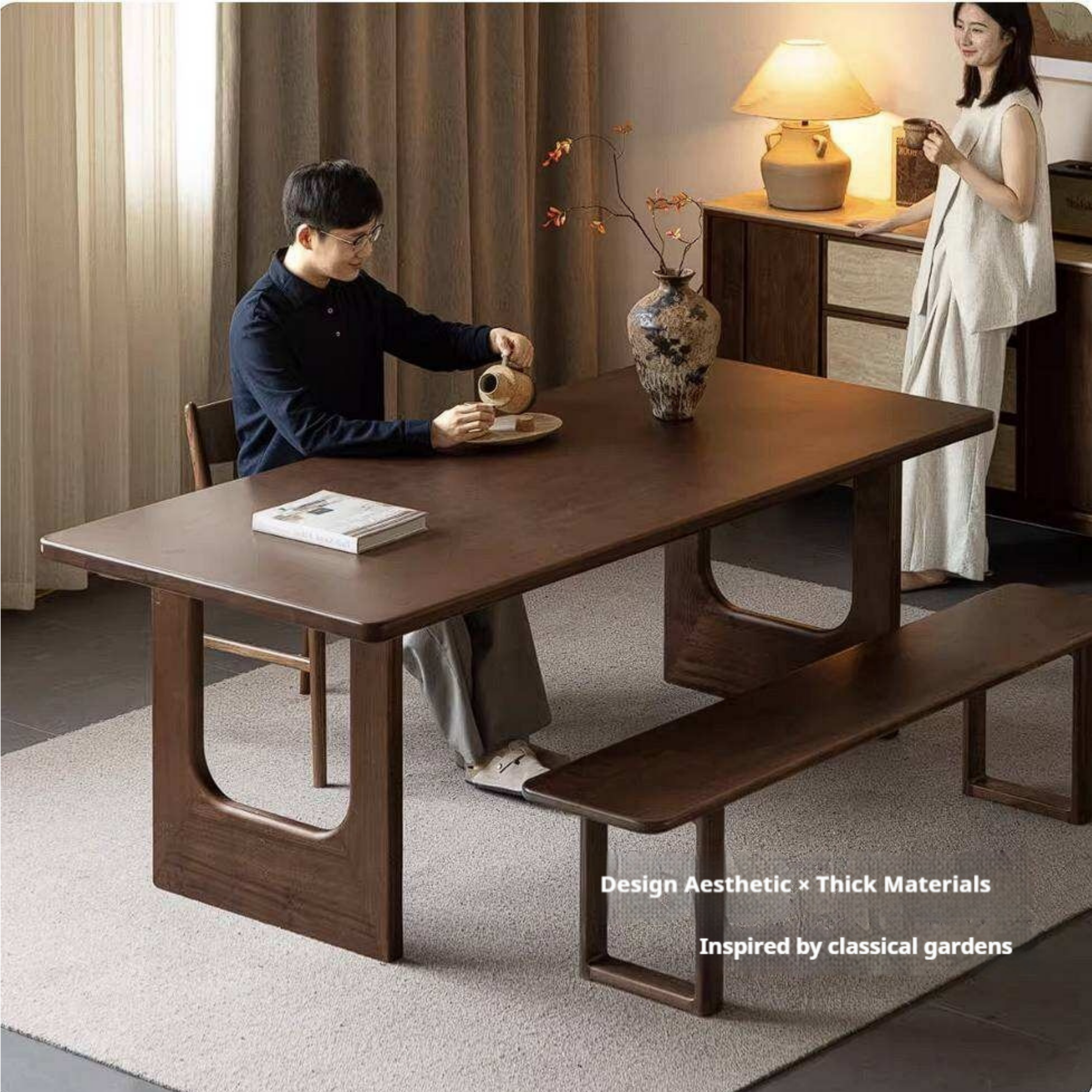 Sandalwood Solid Wood Dining Table with Thick Rectangular Top