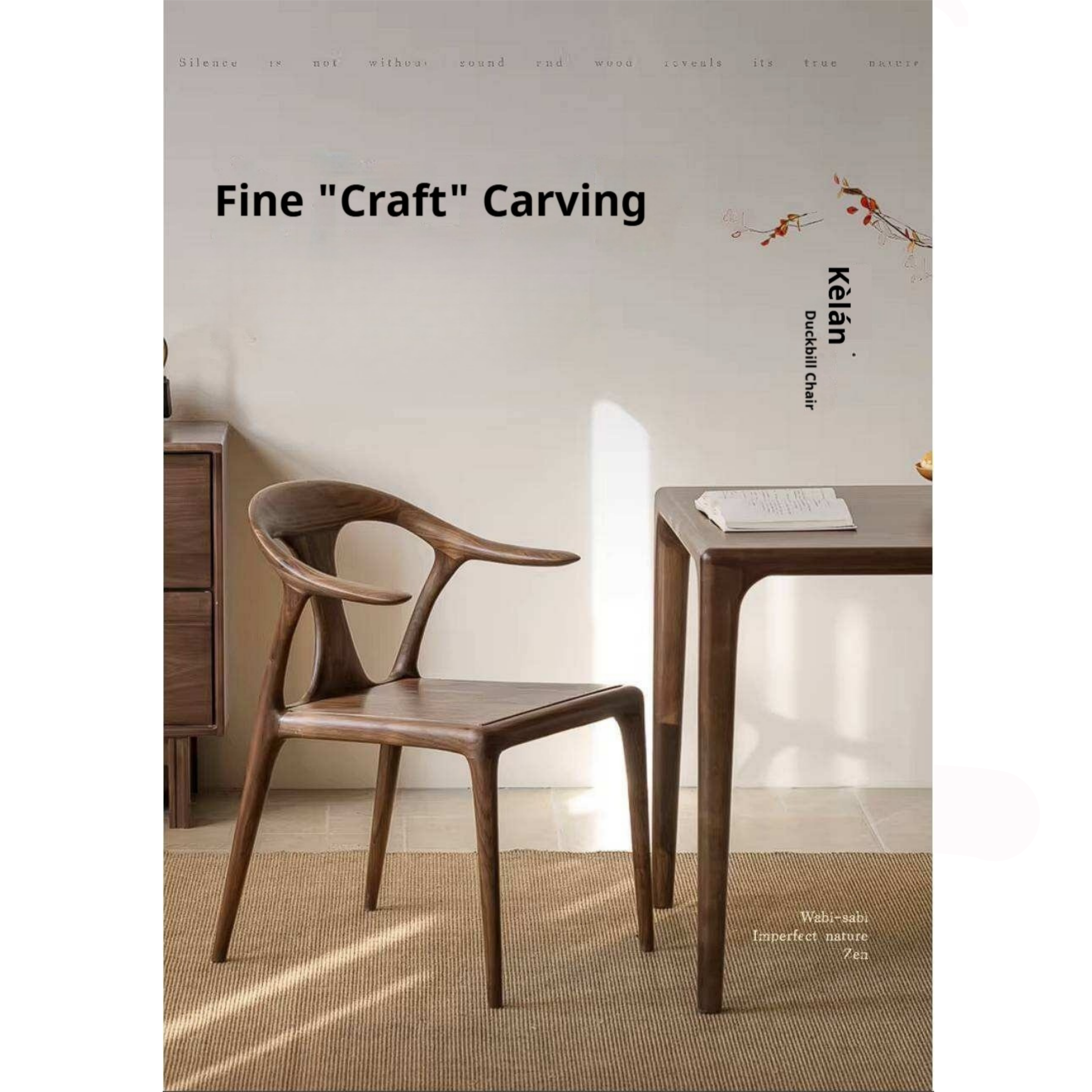Black Walnut Solid Wood Ox Horn Dining Chair with Carved Curved Armrests