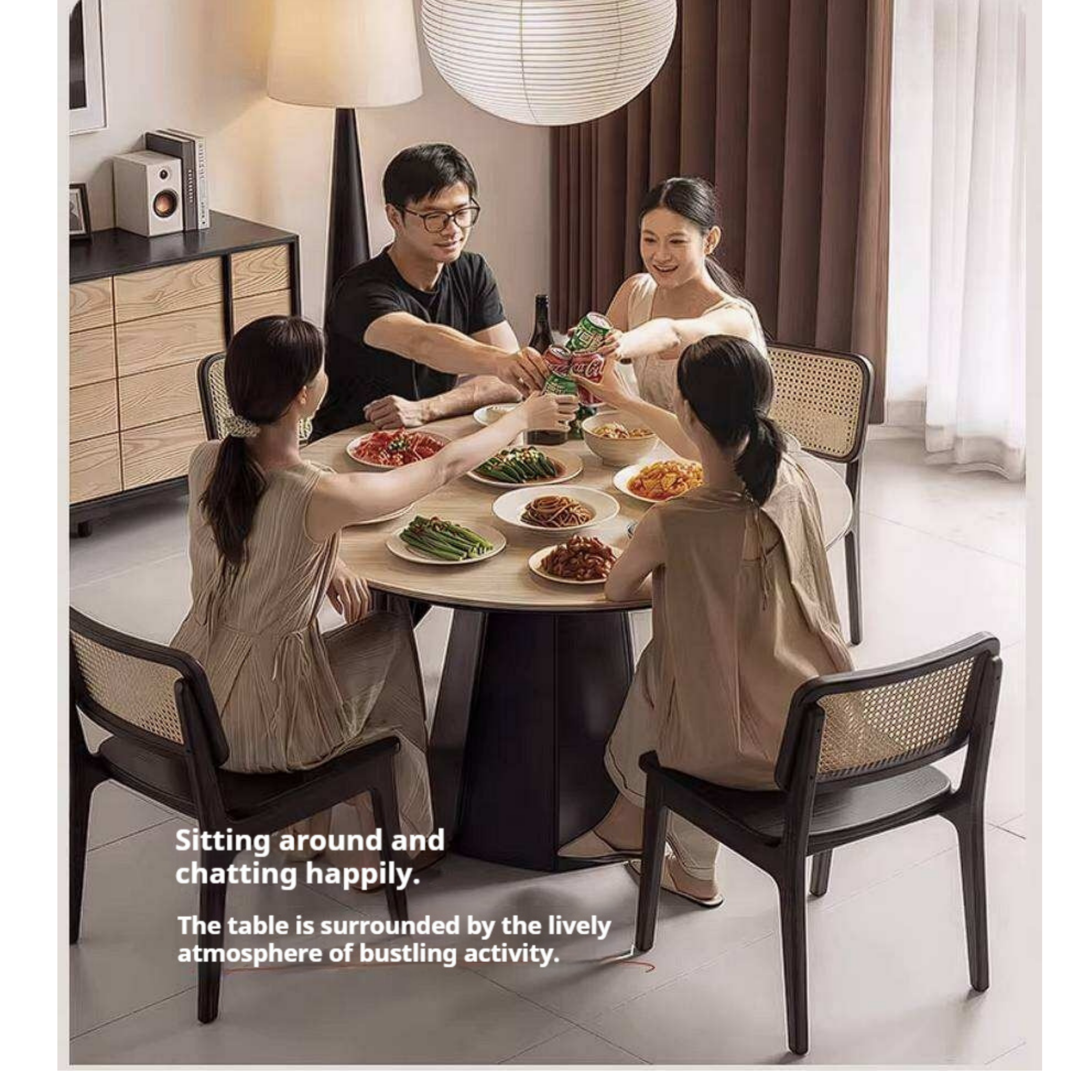 Ash Solid Wood Dining Table with Slate Top, Mid Century Round Design