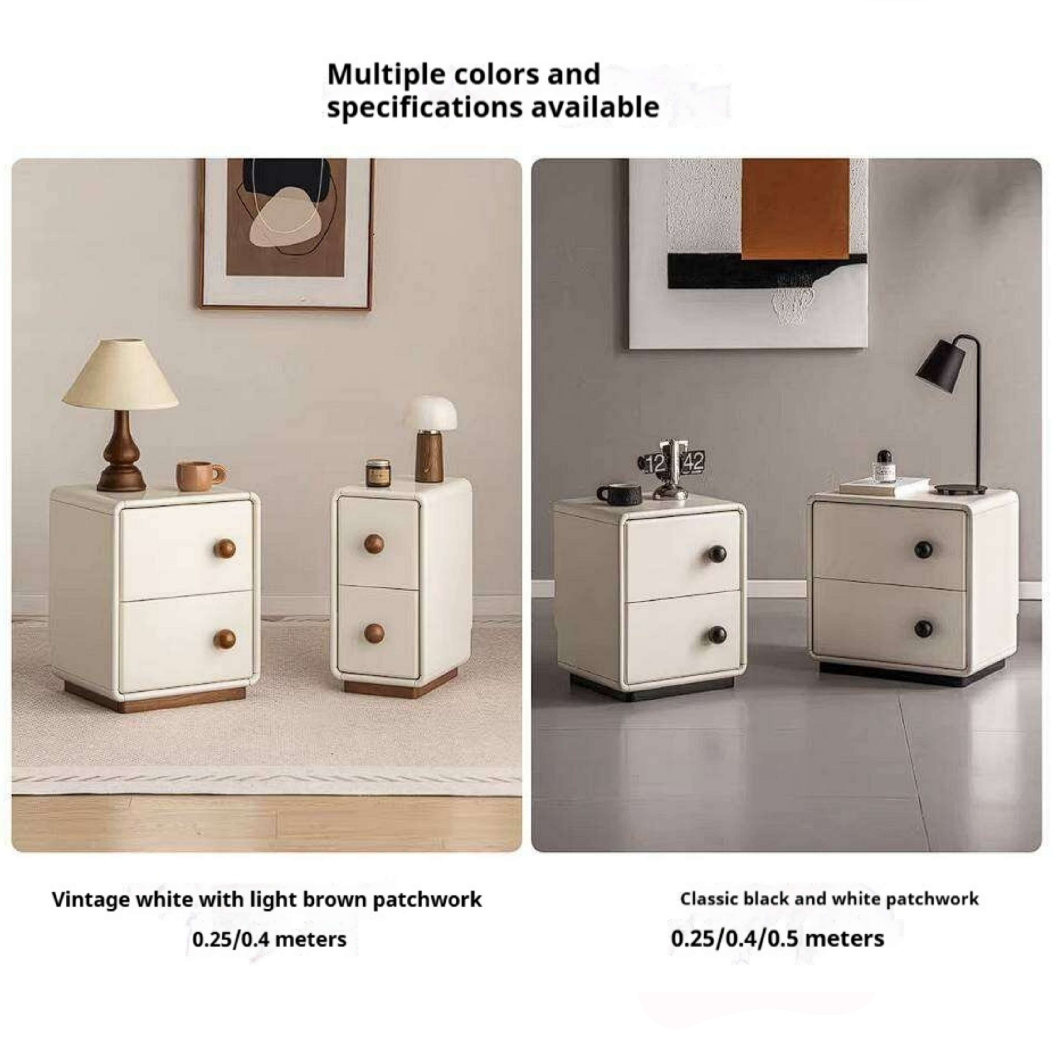 Rubberwood Solid Wood Slim Cream White Nightstand with Rounded Corners and Two Drawers