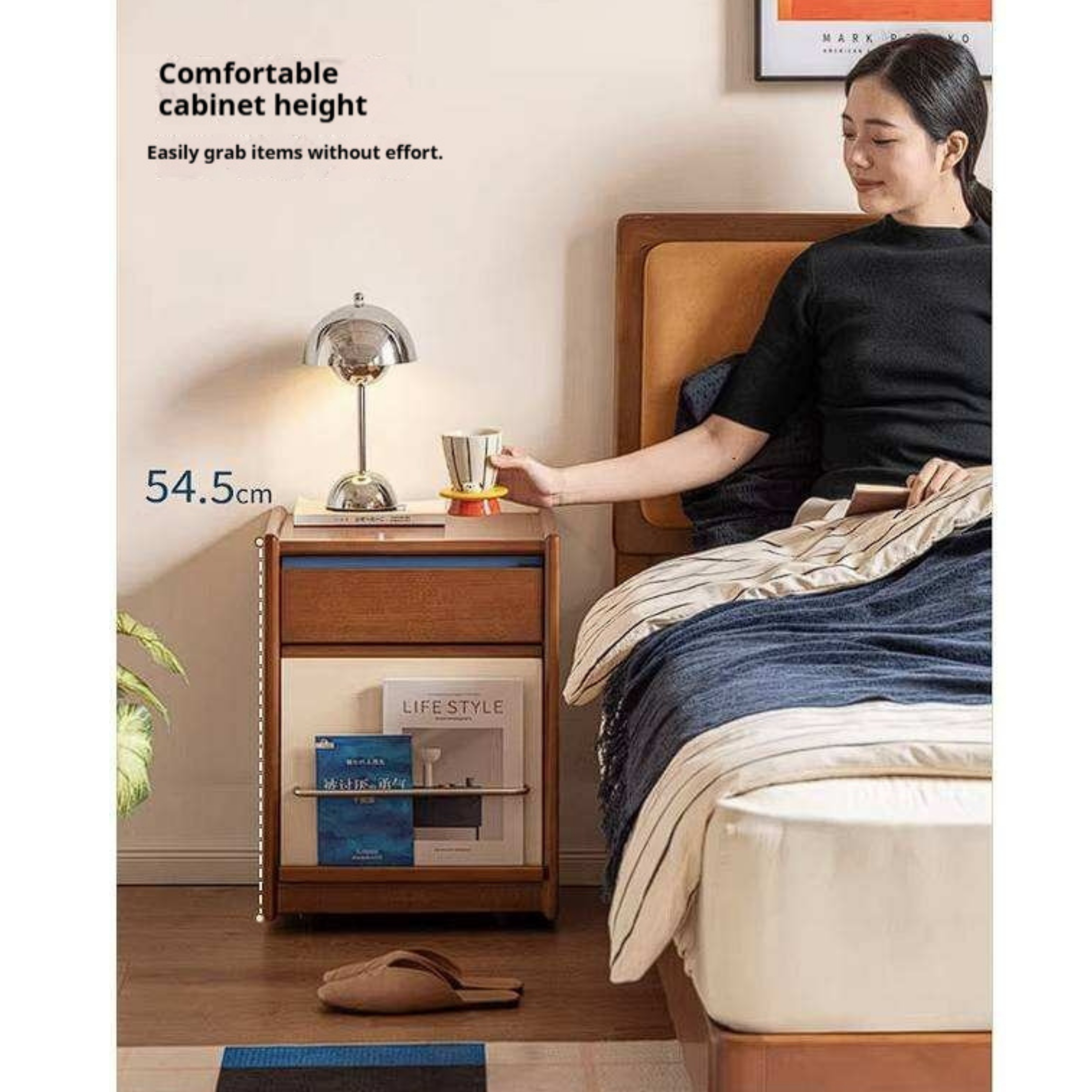 Poplar Solid Wood Two-Tone Rolling Nightstand with Magazine Rail
