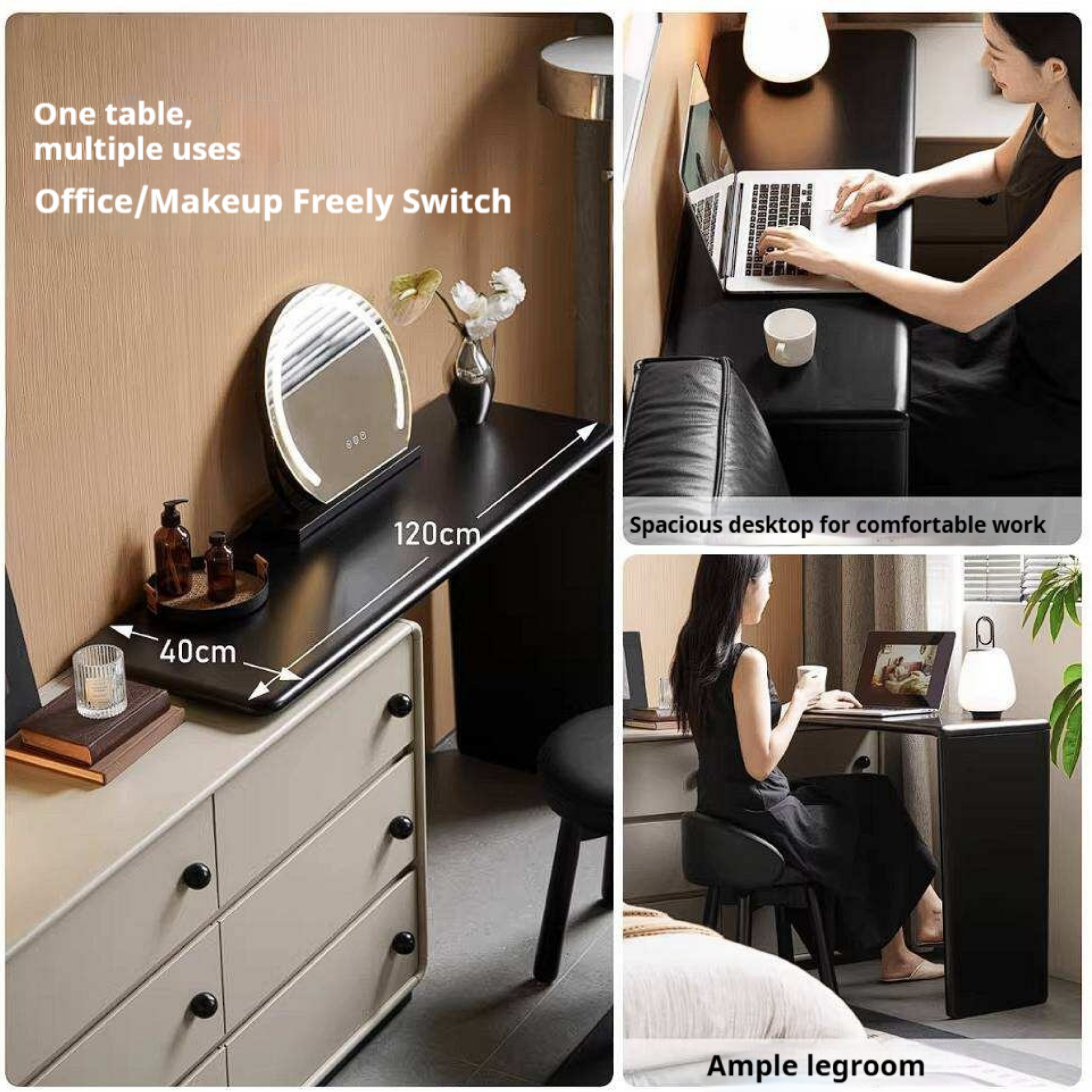Rubberwood Solid Wood Rotating Extendable Vanity Table with