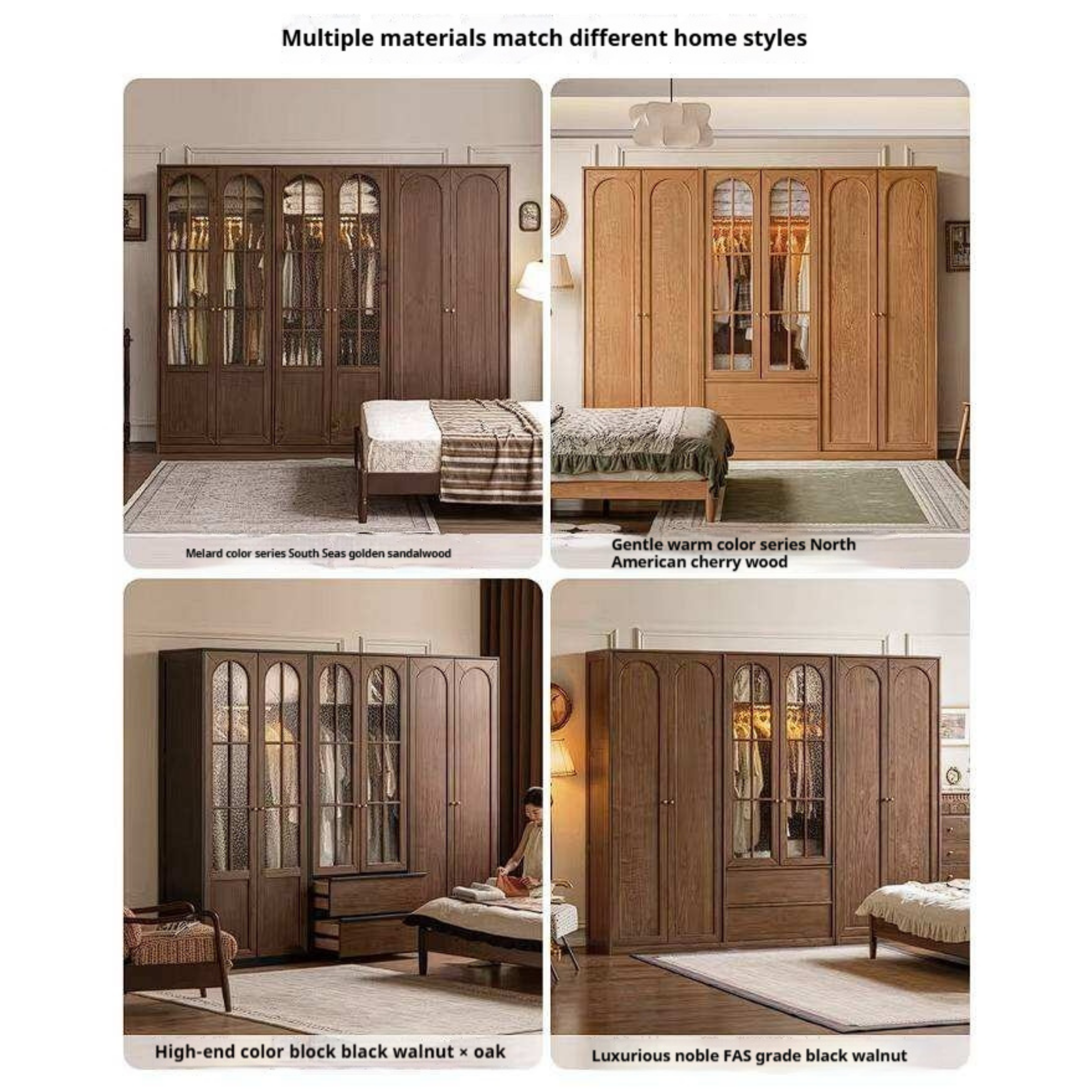 Cherry Solid Wood Wardrobe with French Retro Style Double Door Design