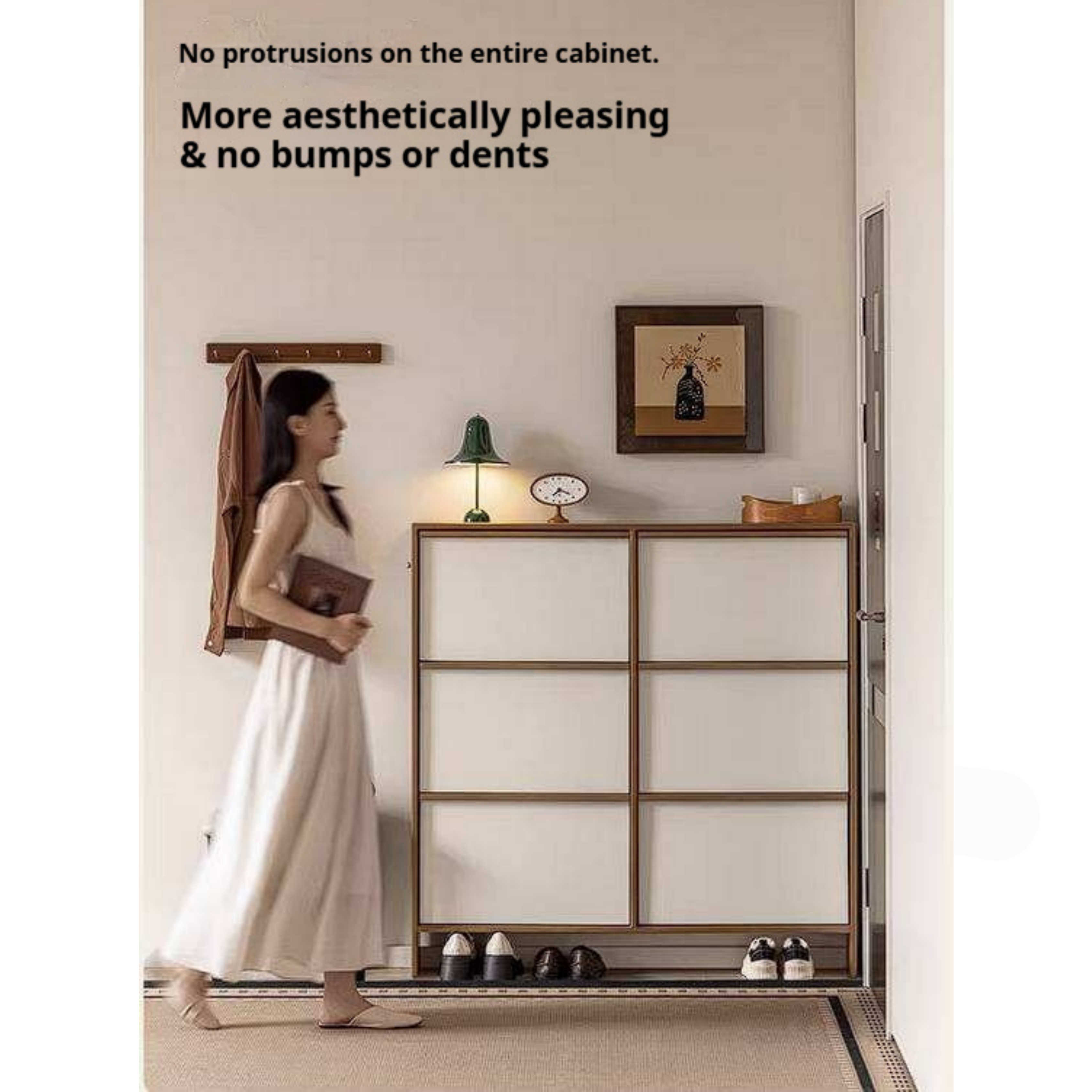 Rubberwood Solid Wood Flip Door Shoe Cabinet, Mid Century Slim Wall Mounted Entryway Storage Organizer