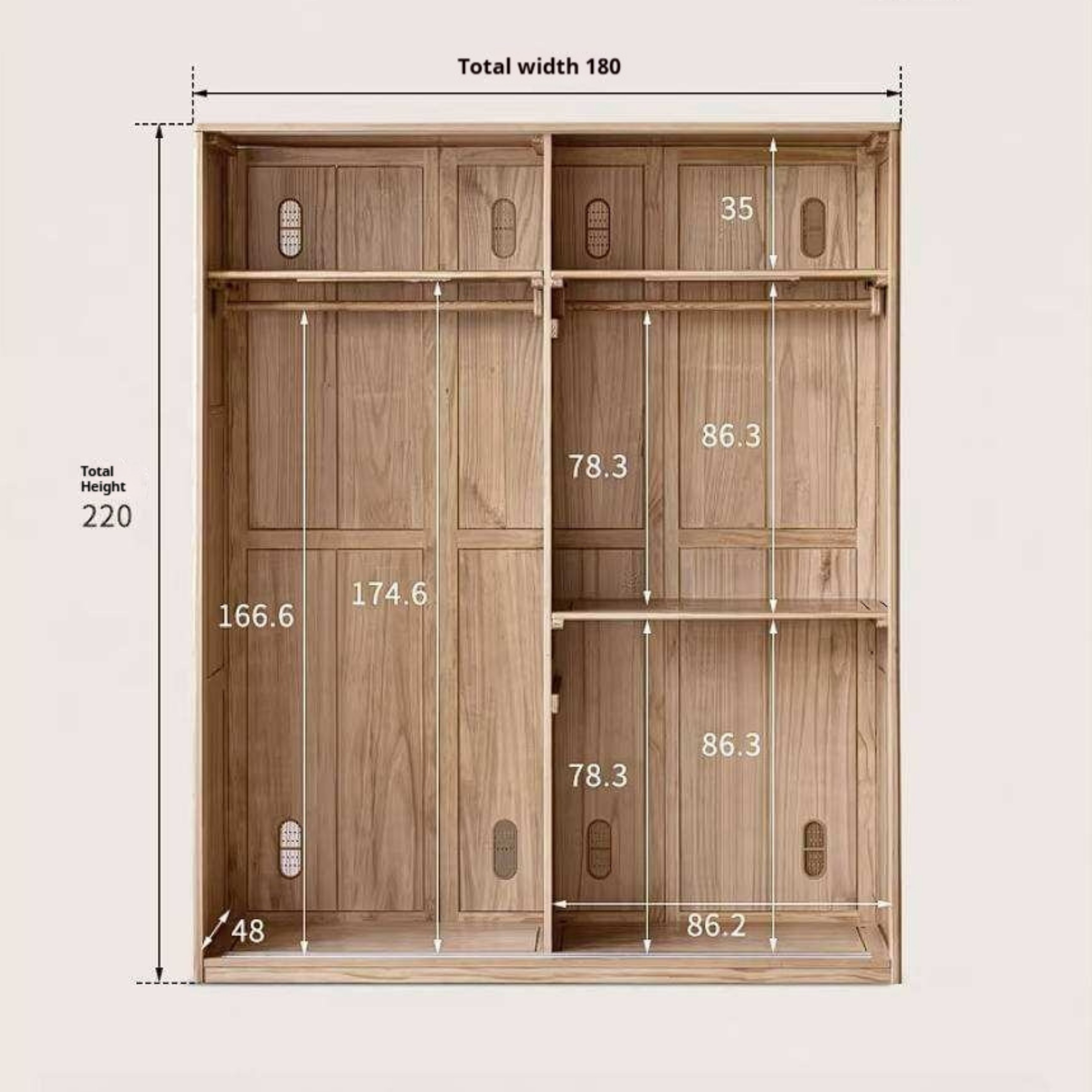 Oak Solid Wood Wardrobe Cabinet with Minimalist Songshi Storage