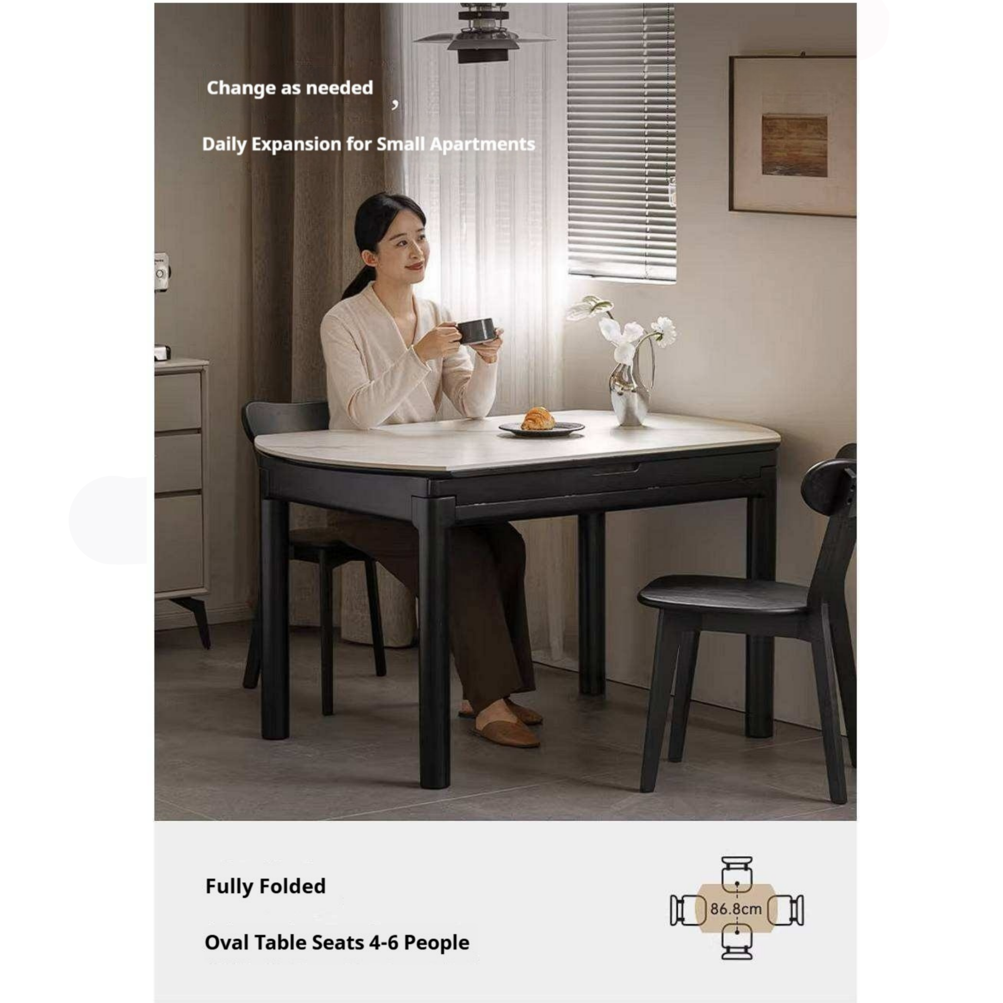 Rubberwood Solid Wood Extendable Round Dining Table with Stone Top