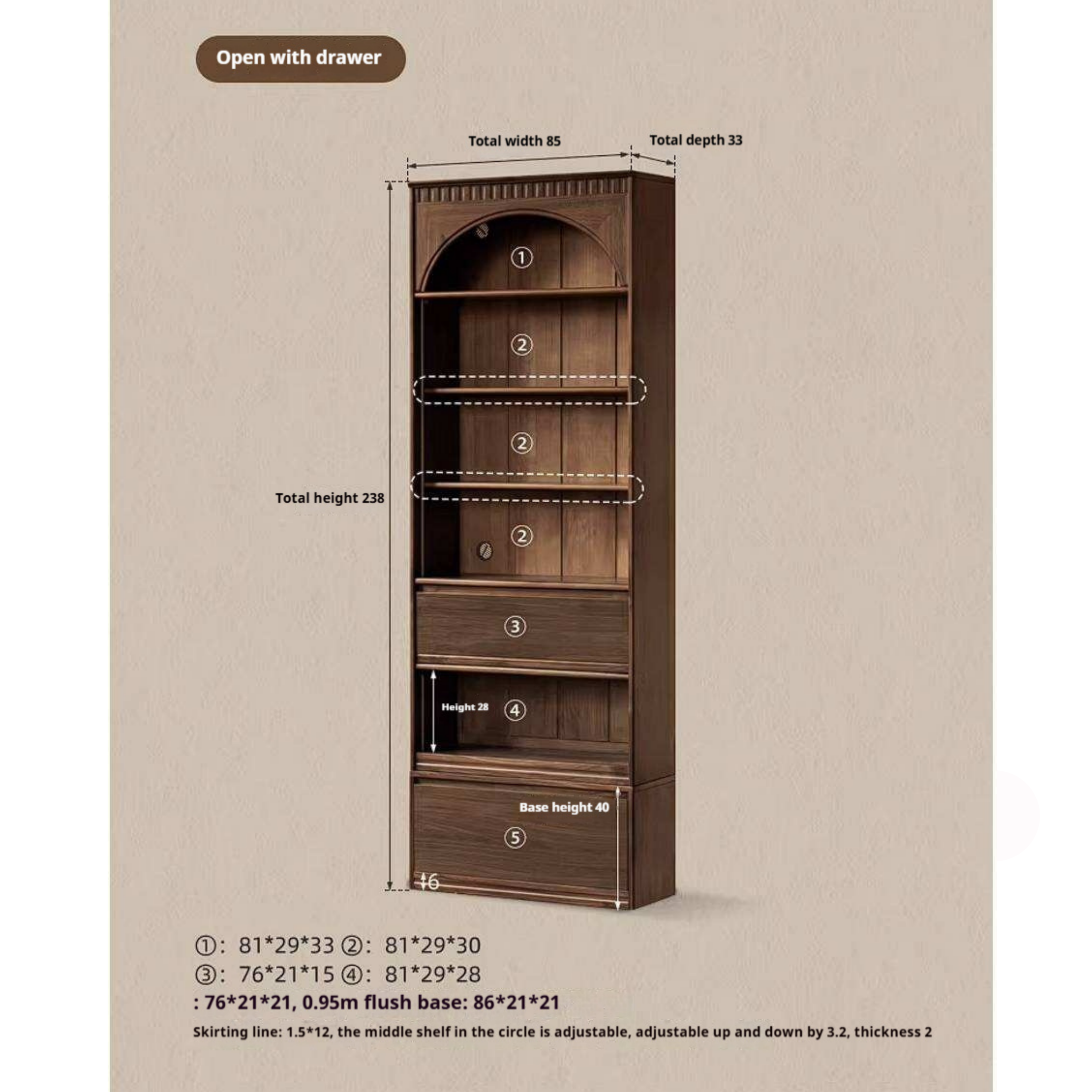 Black Walnut Solid Wood Arched Vintage Bookcase with Glass Door and Storage Drawer