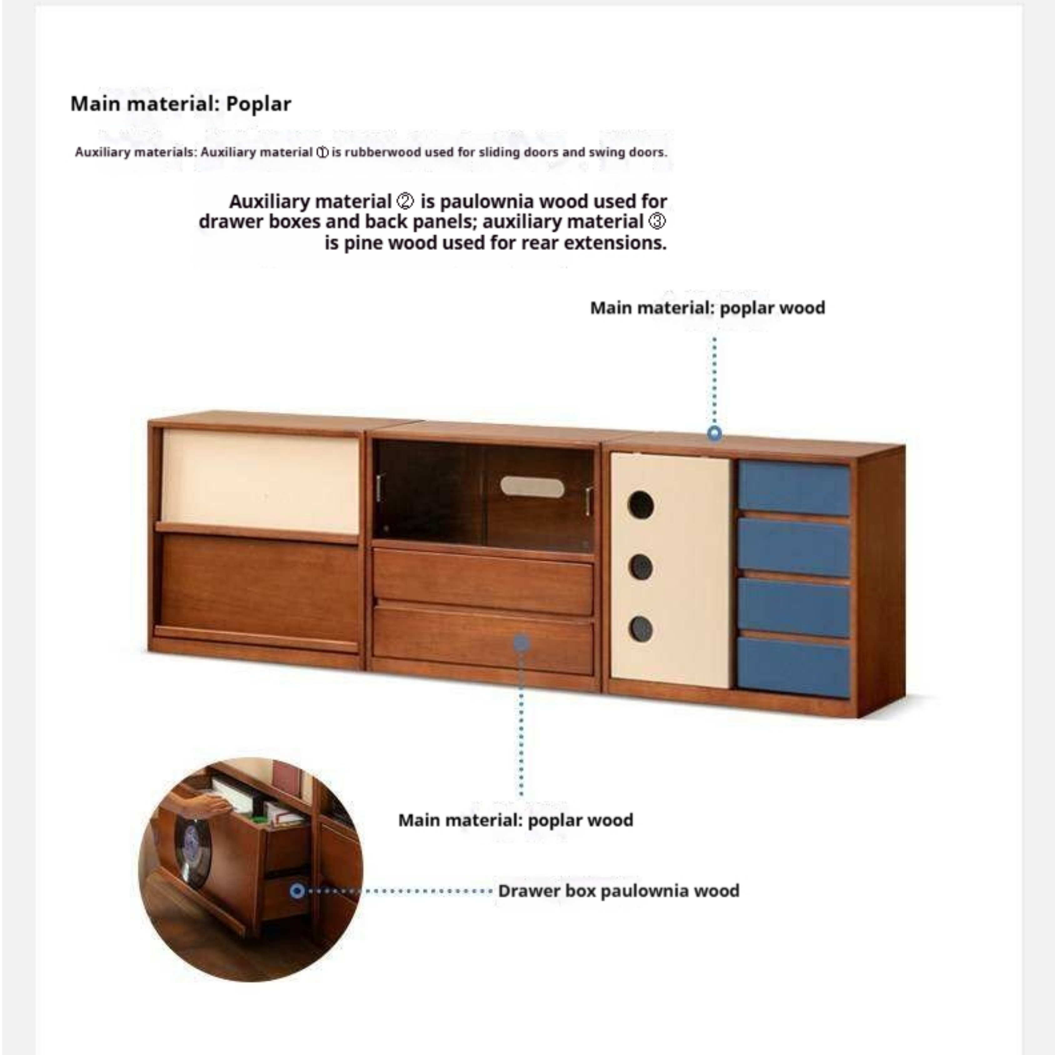 Poplar Solid Wood TV Cabinet with Vintage Style Modular Storage Design