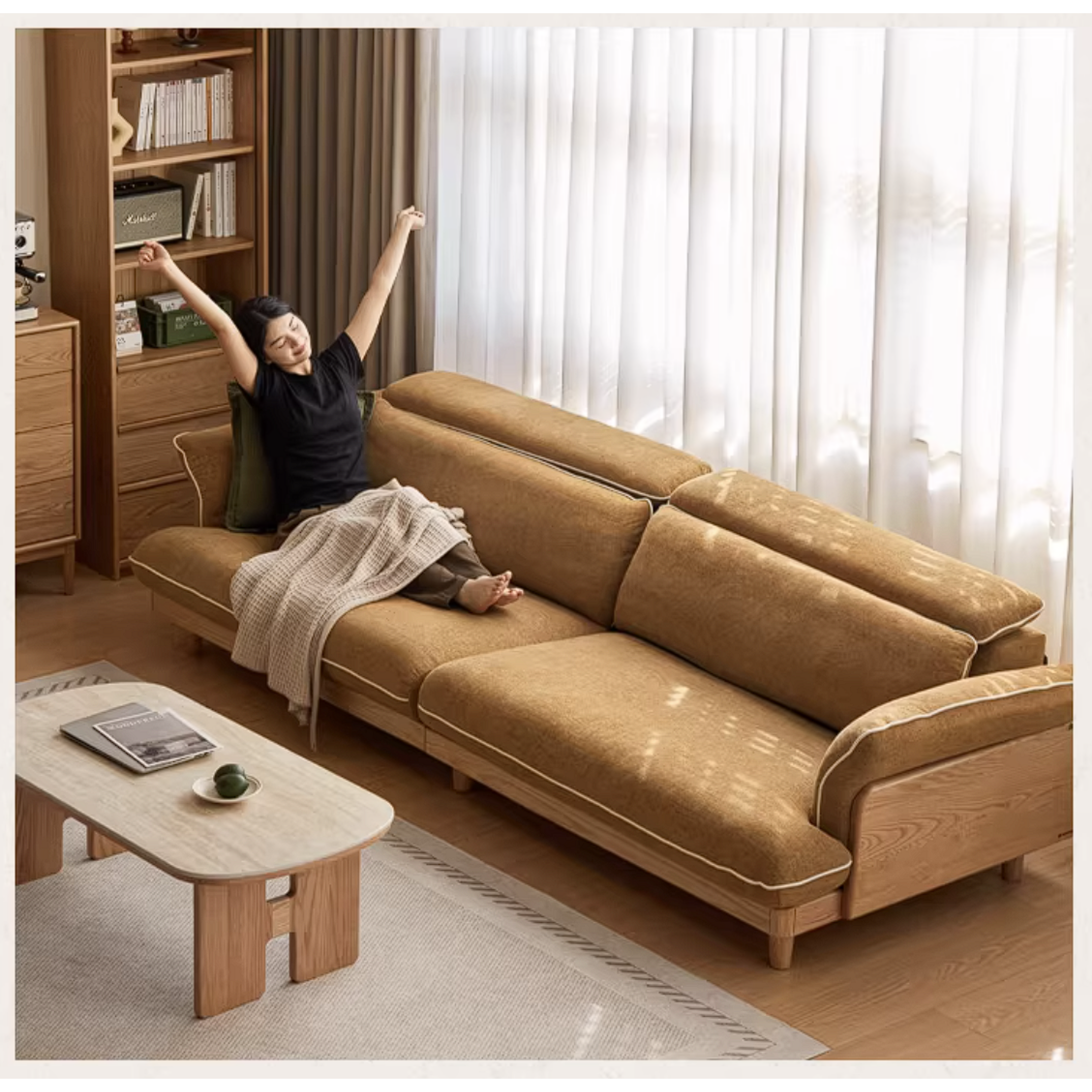 Oak Solid Wood High Back Chenille Sofa with Curved Arms