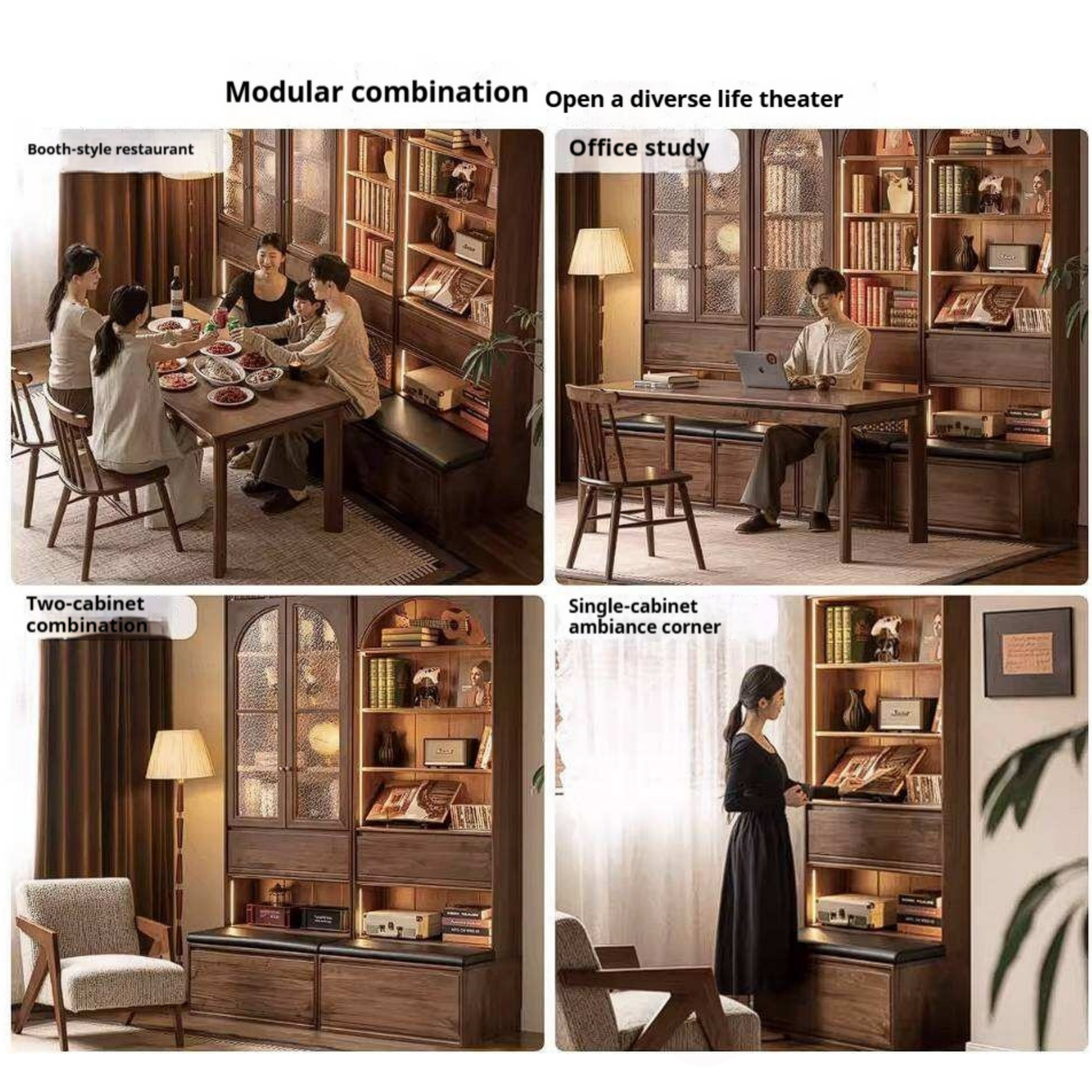 Black Walnut Solid Wood Bookcase with Booth Seating and Display Cabinet
