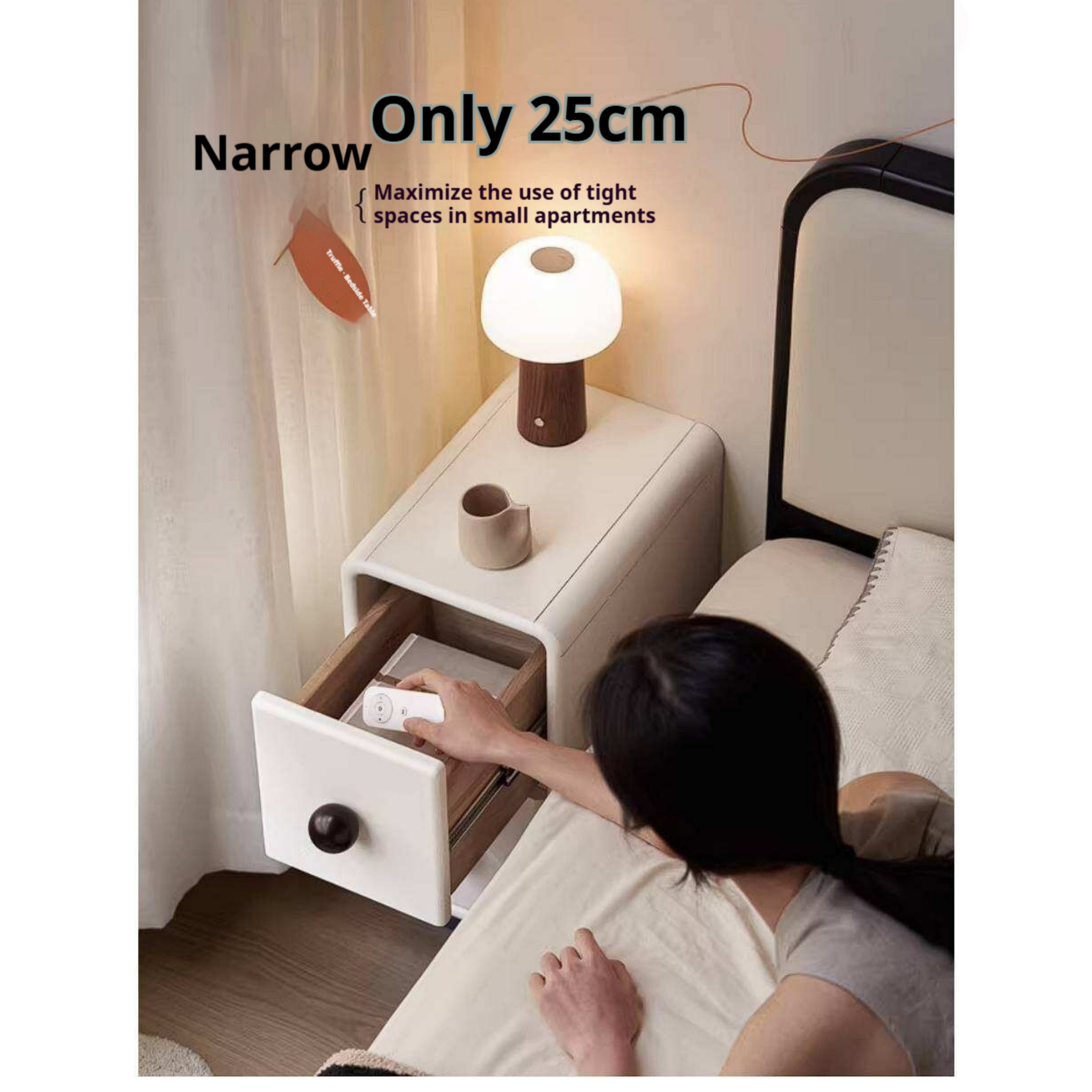Rubberwood Solid Wood Slim Cream White Nightstand with Rounded Corners and Two Drawers