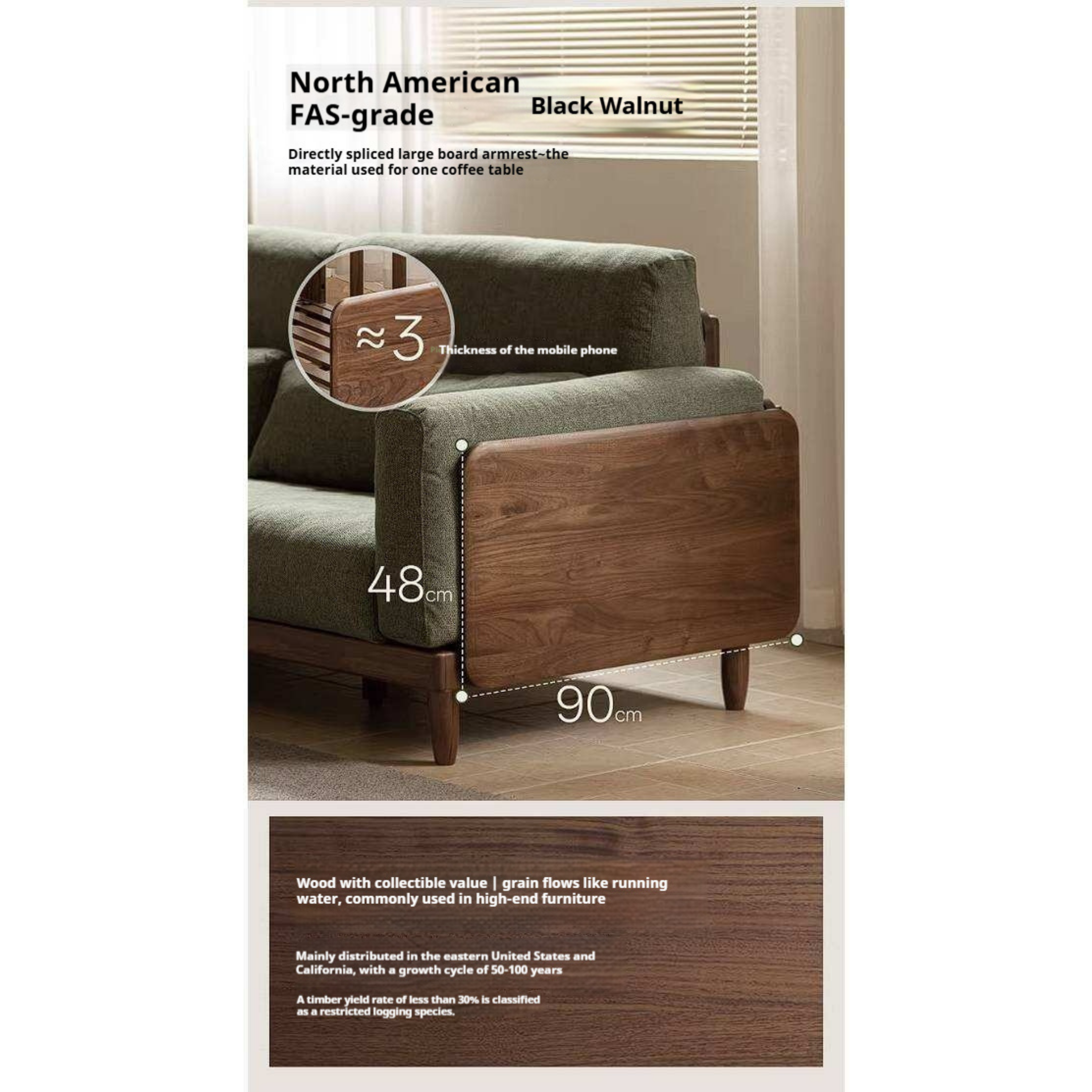 Black Walnut, Golden Sandalwood Solid Wood Sofa with Extra-Deep Seat