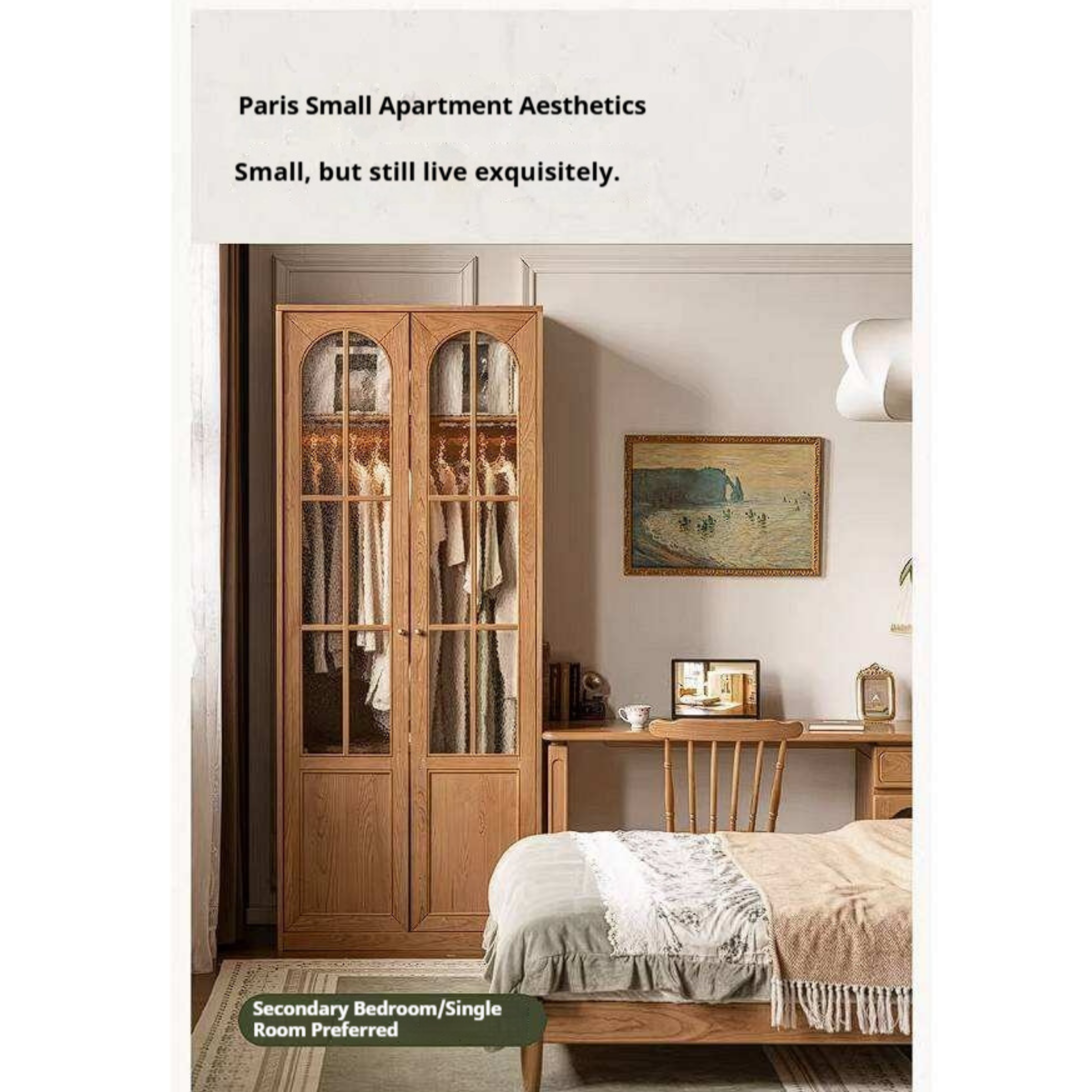 Cherry Solid Wood Wardrobe with French Retro Style Double Door Design
