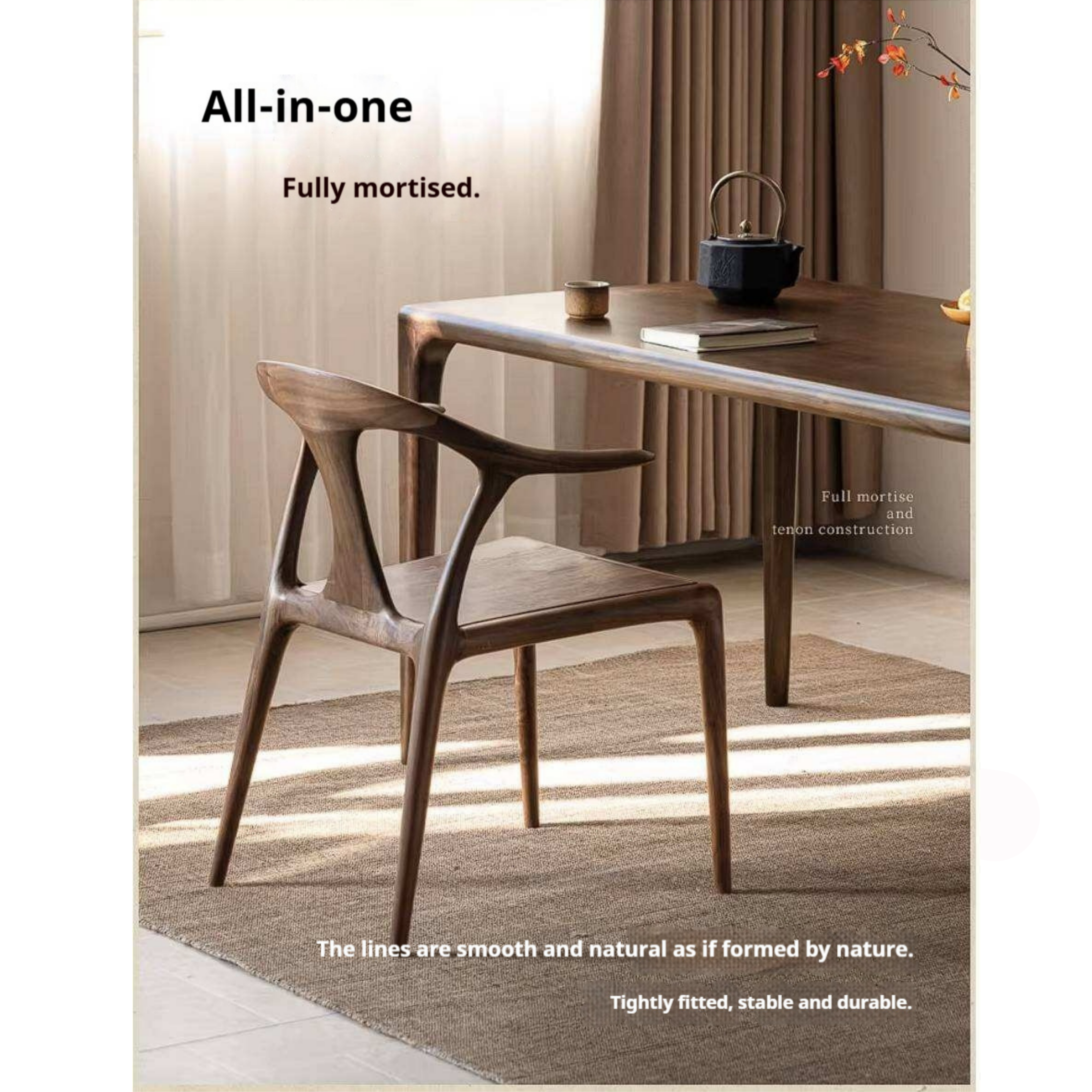 Black Walnut Solid Wood Ox Horn Dining Chair with Carved Curved Armrests