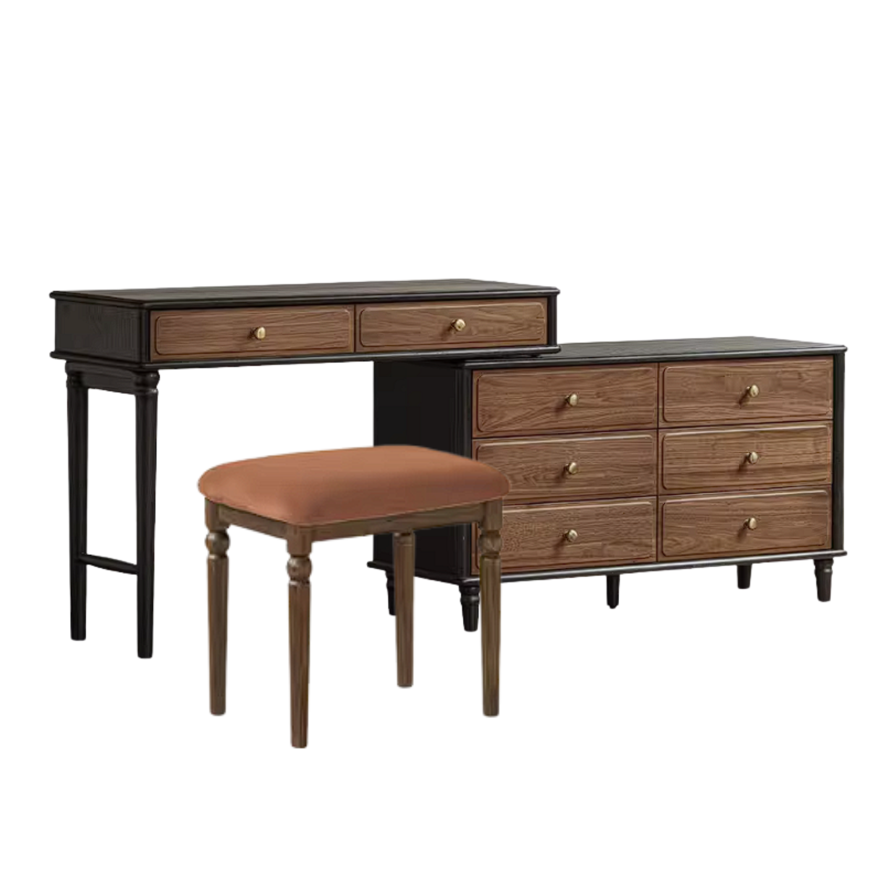 Black Walnut, Oak Solid Wood Extendable Vanity Desk and 6-Drawer Dresser Combo
