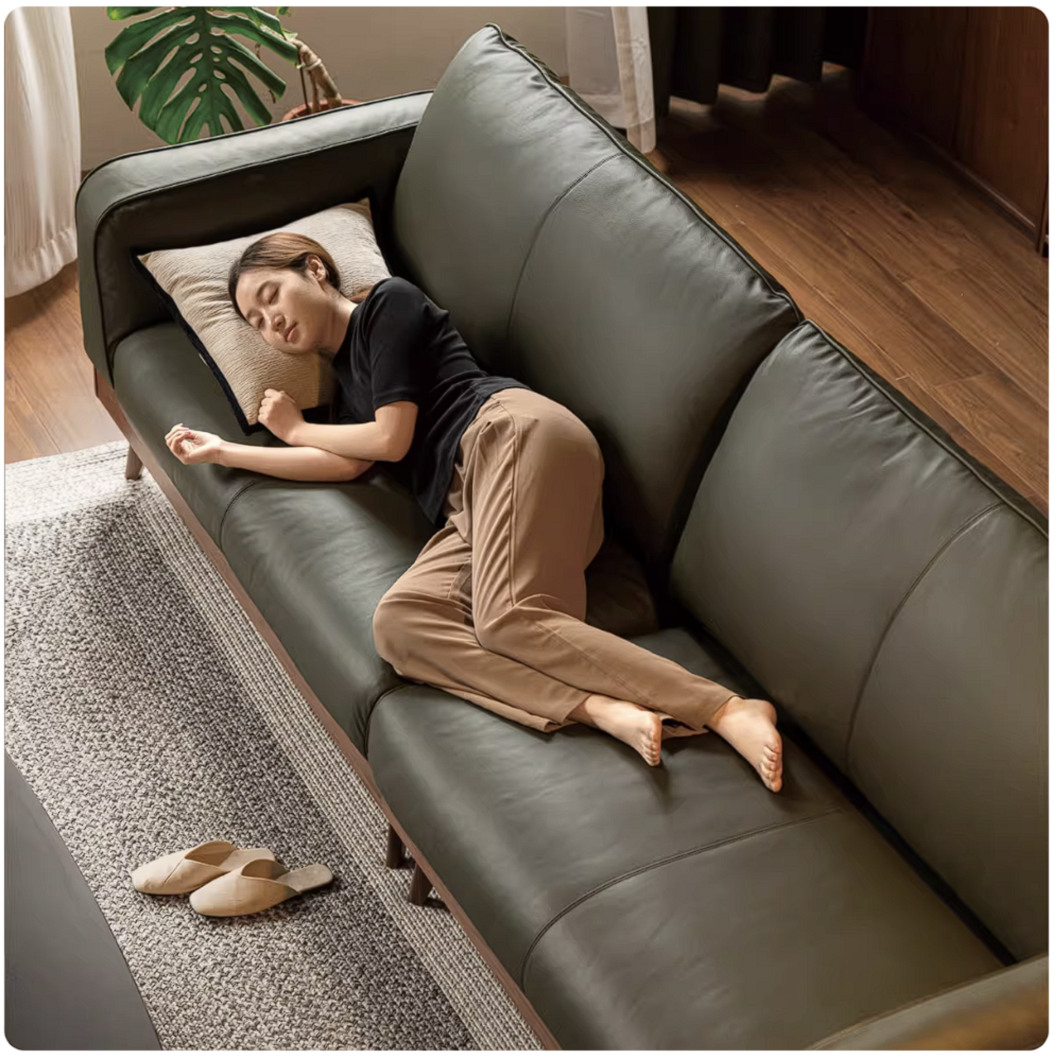 Rubberwood Solid Wood Genuine leather Sofa with Deep Seats and Slim Walnut Frame