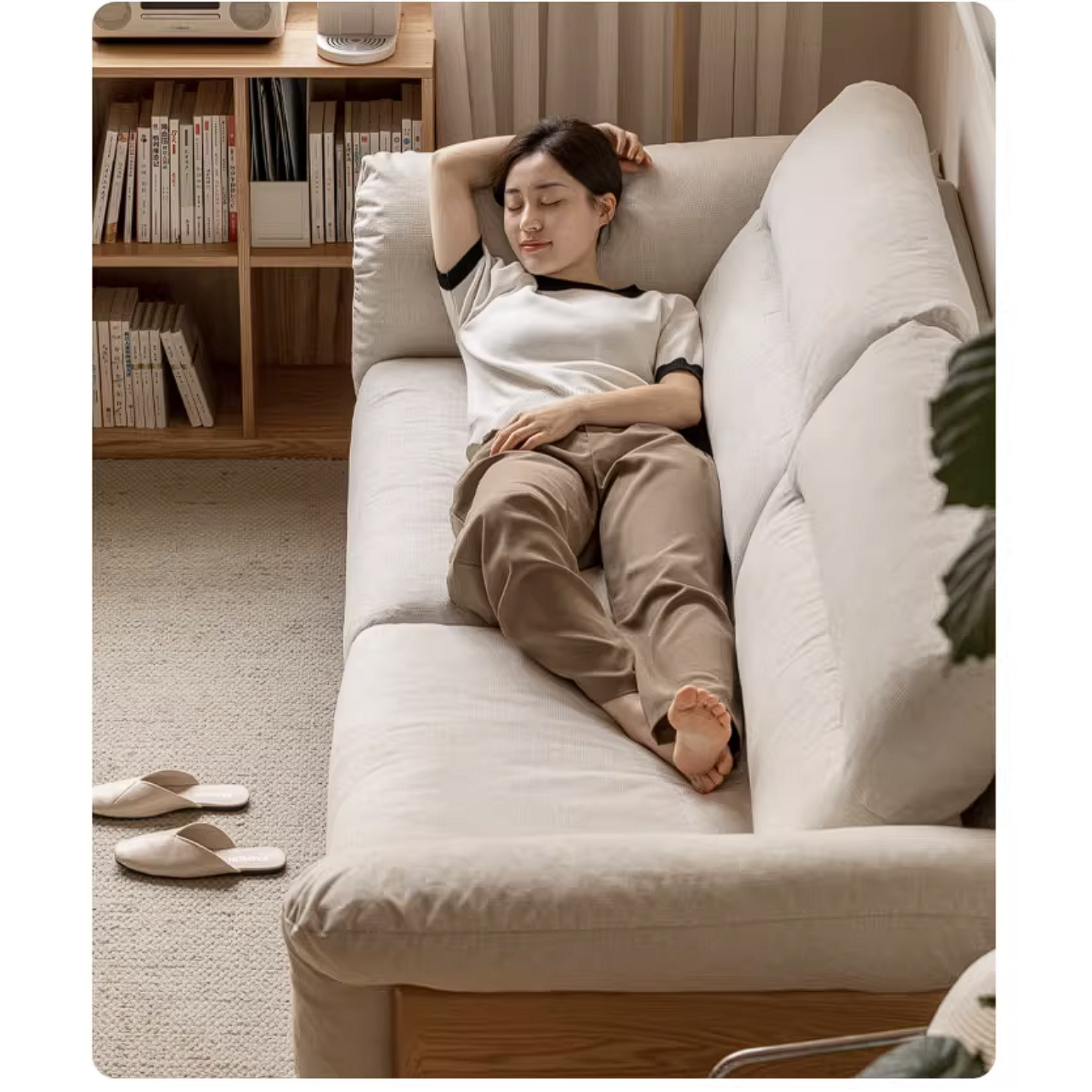 Oak Solid Wood Sofa with Wide Track Arms Genuine leather, fabric, removable and washable