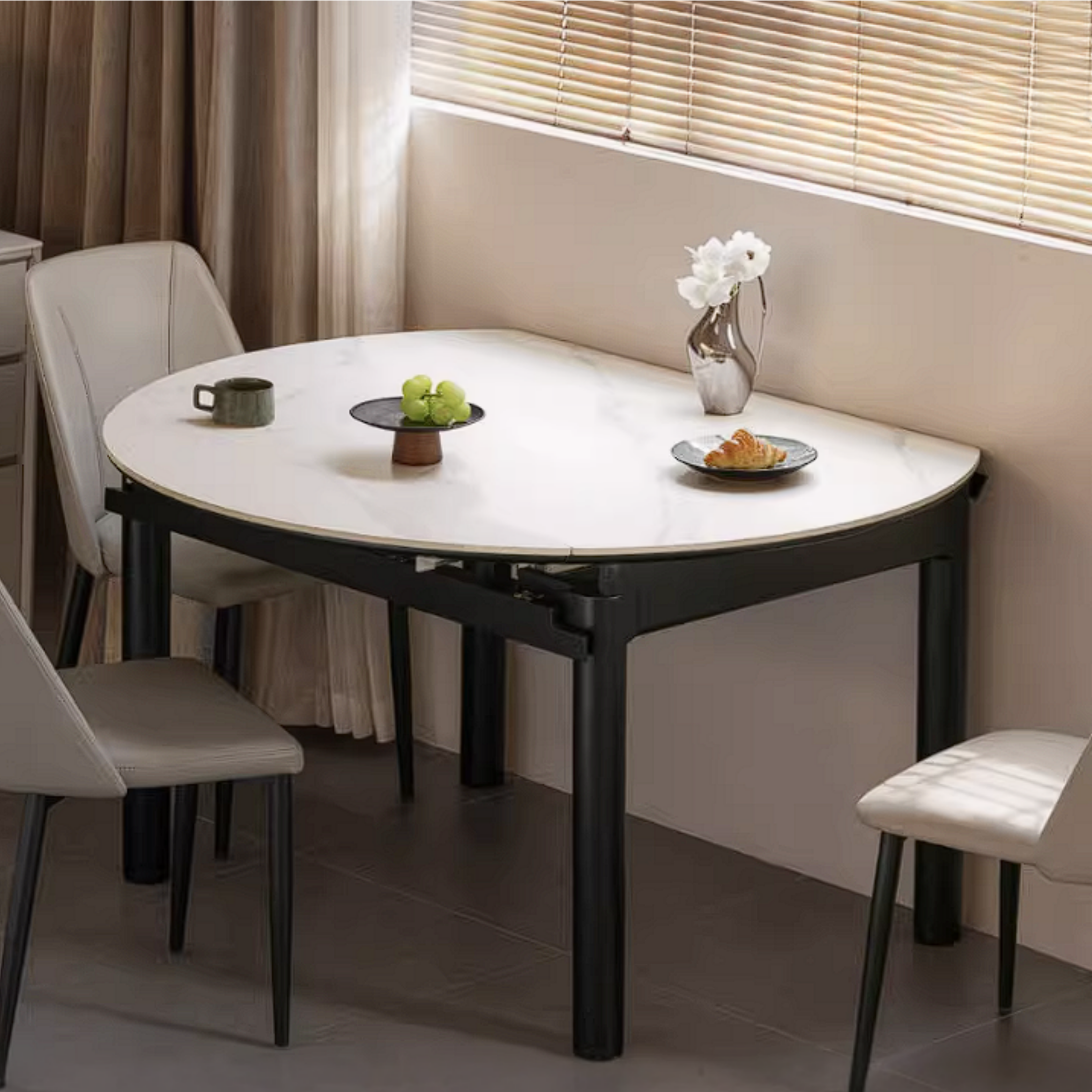Rubberwood Solid Wood Extendable Round Dining Table with Stone Top