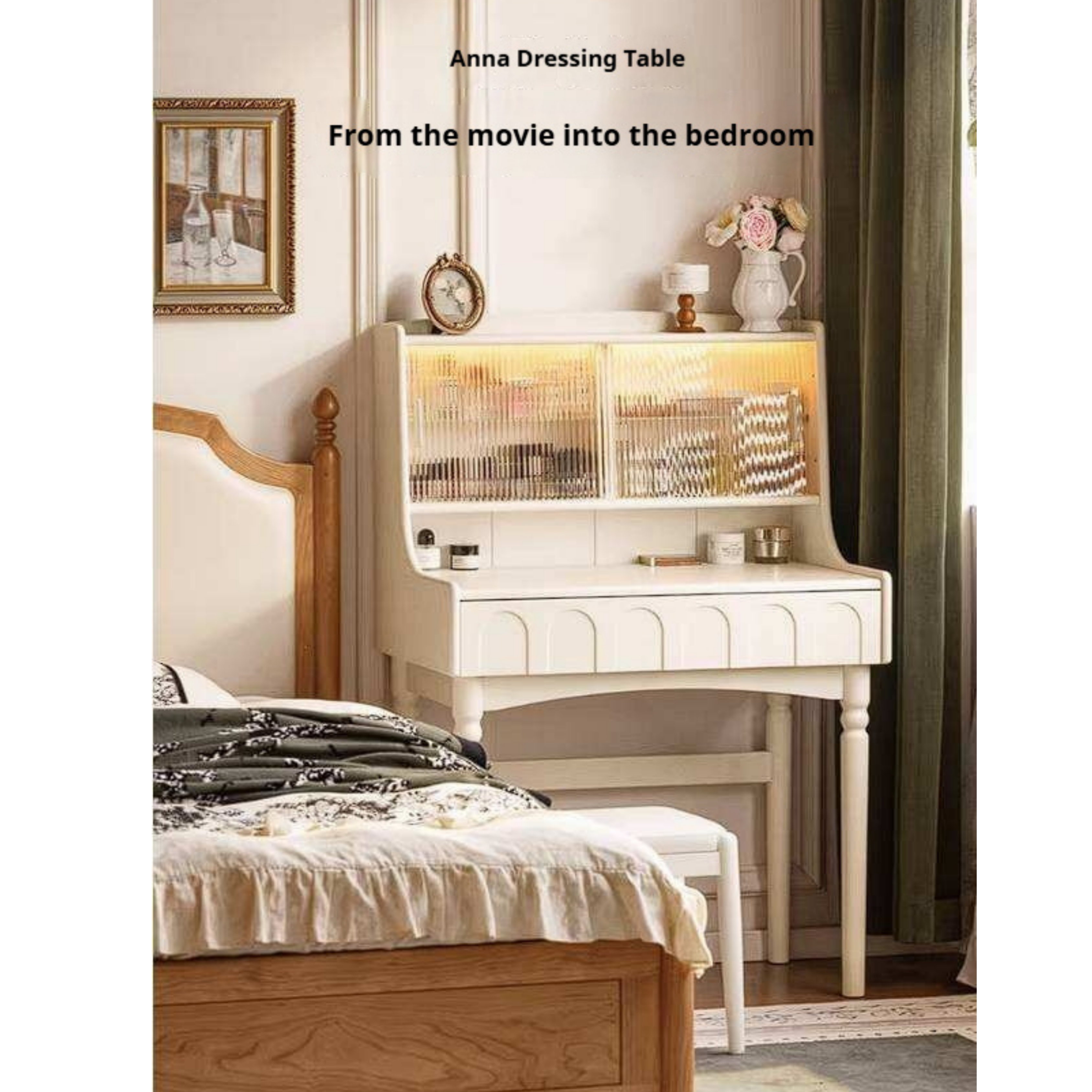 Rubberwood Solid Wood French Retro Vanity Desk with Lighted Storage Mirror and Drawers