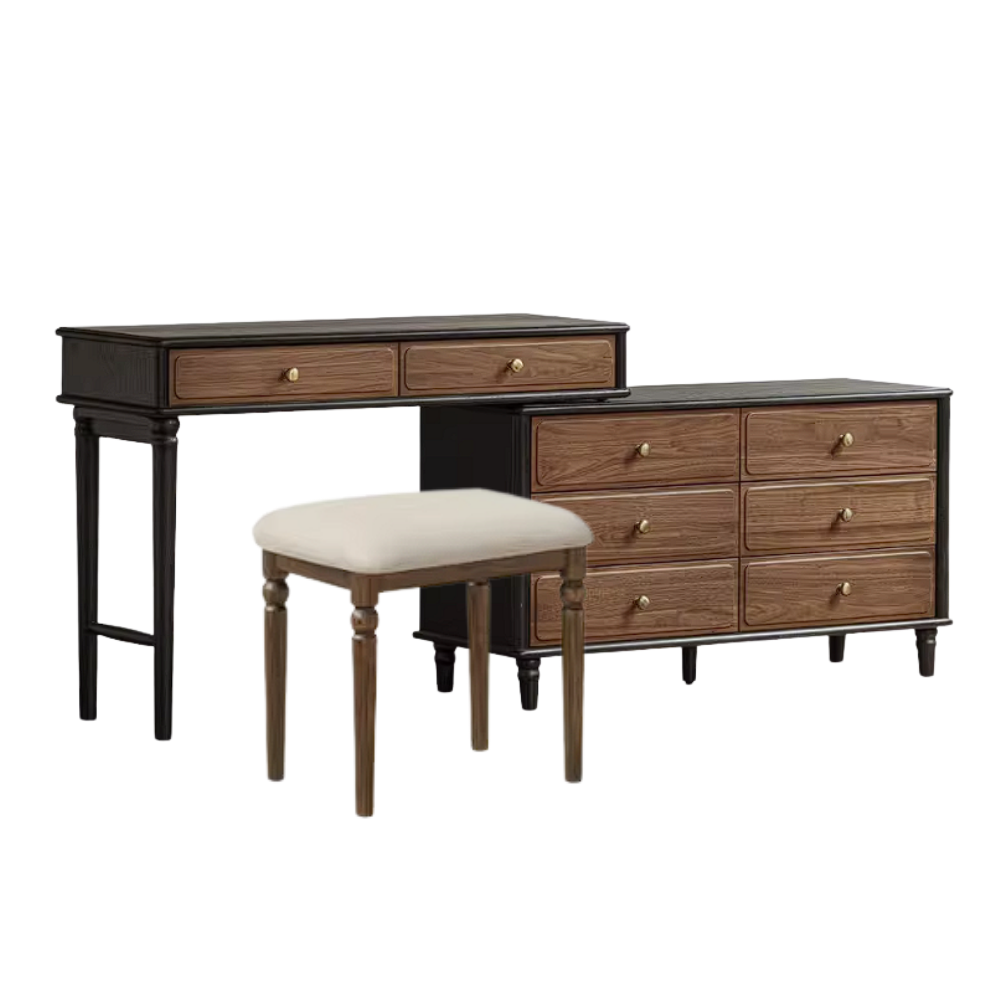 Black Walnut, Oak Solid Wood Extendable Vanity Desk and 6-Drawer Dresser Combo