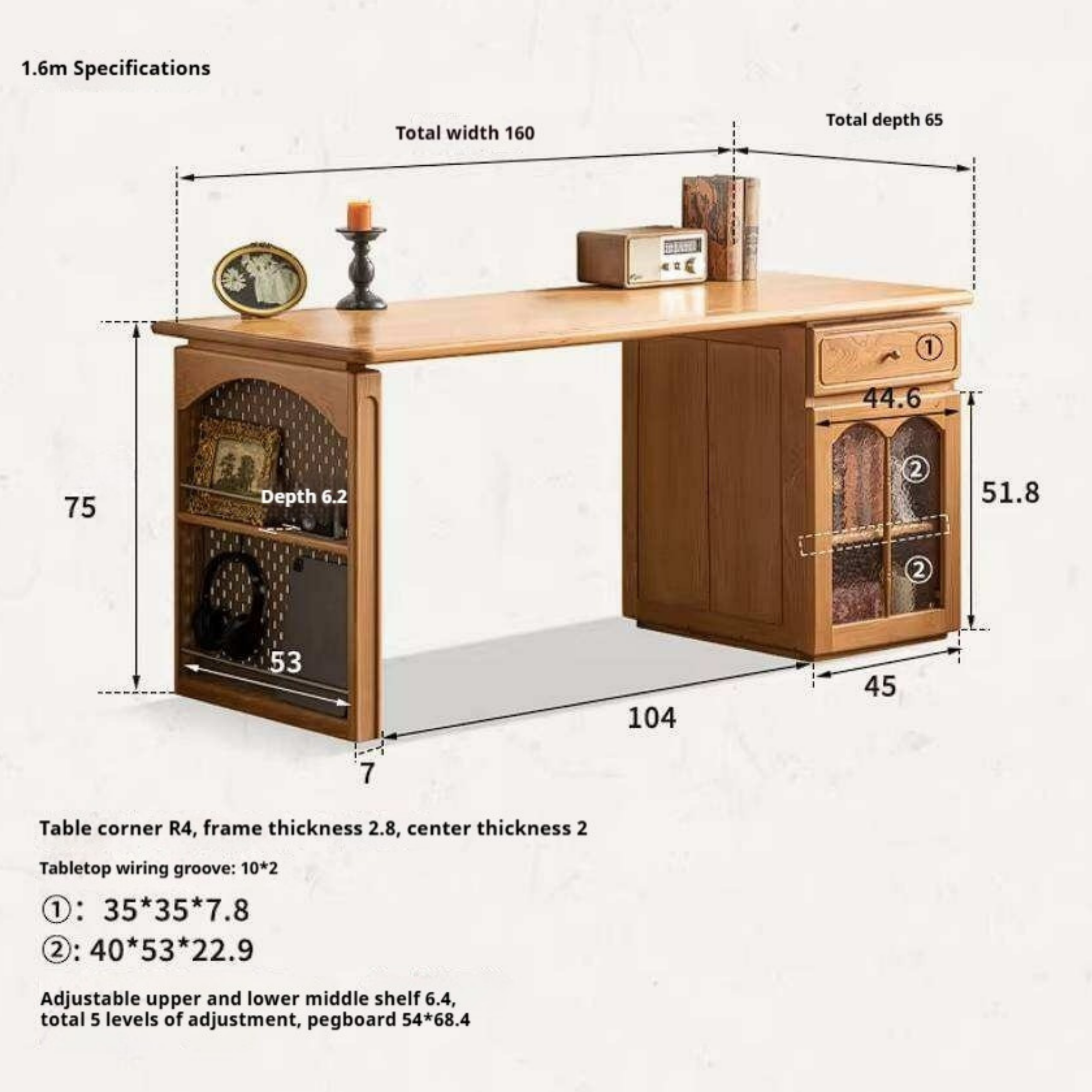 Cherry Solid Wood French Country Writing Desk with Bookshelf Hutch and Cane Door Cabinet