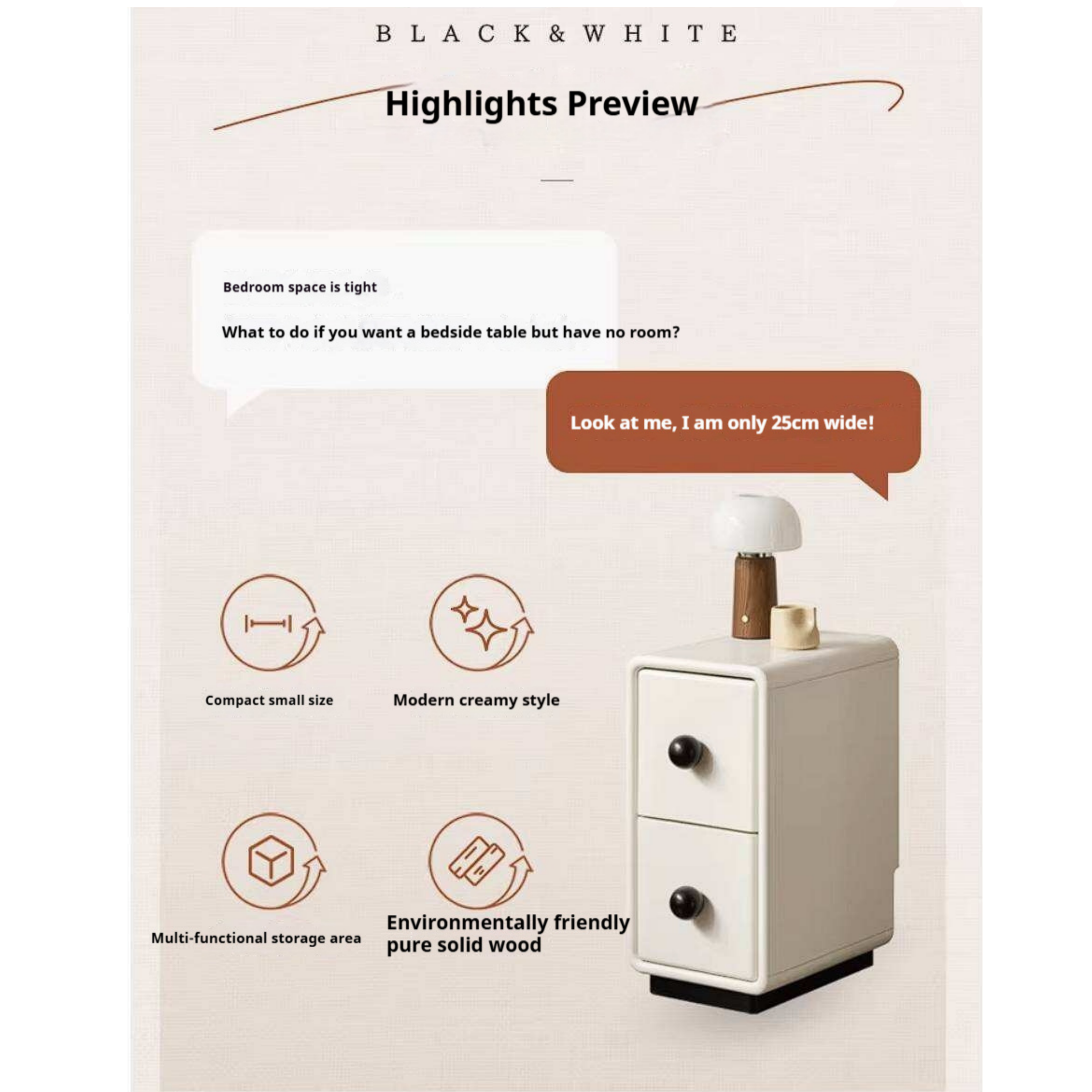 Rubberwood Solid Wood Slim Cream White Nightstand with Rounded Corners and Two Drawers